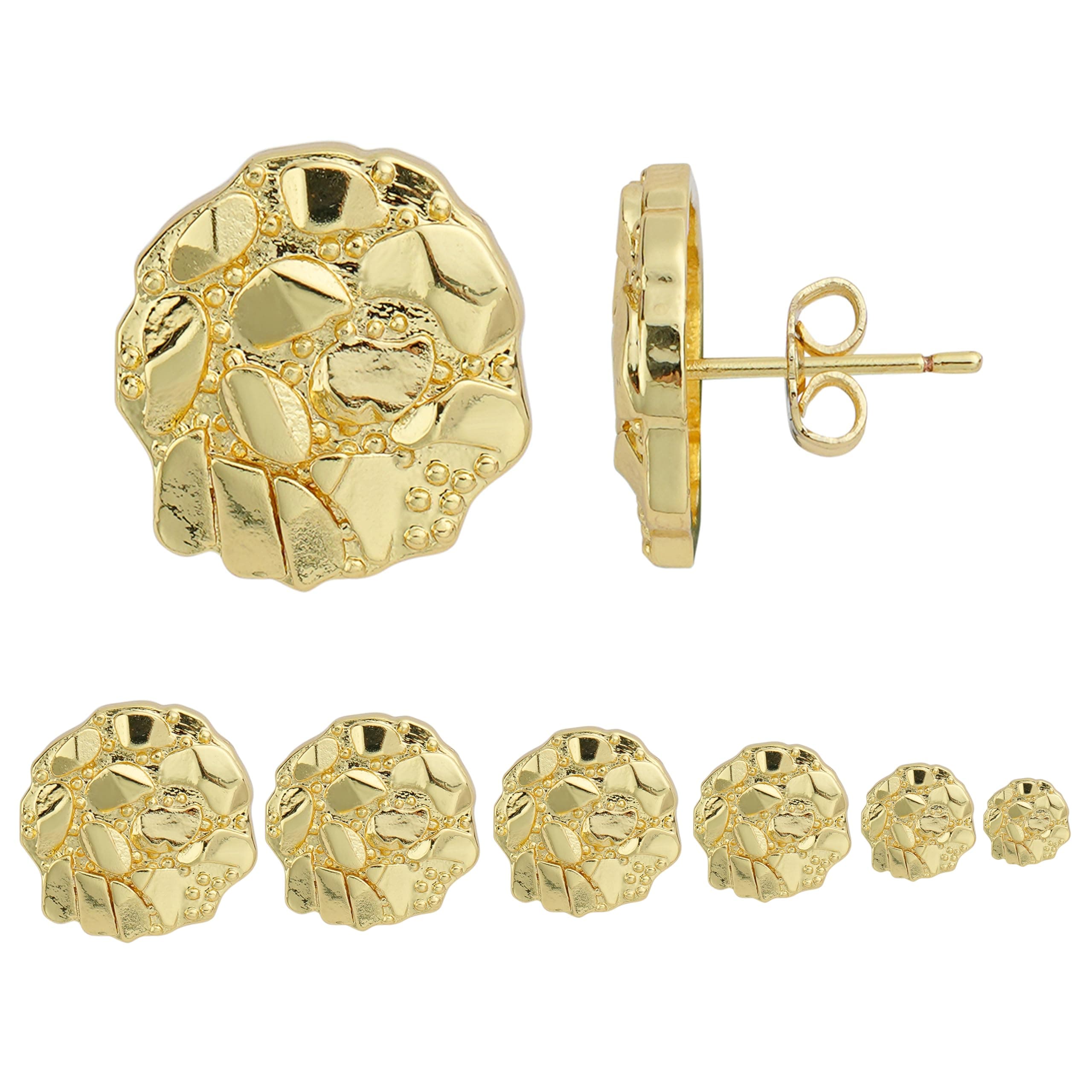 14k Gold Plated Round Rough Textured Cookie Nugget Stud Earrings For Men/Women Unisex