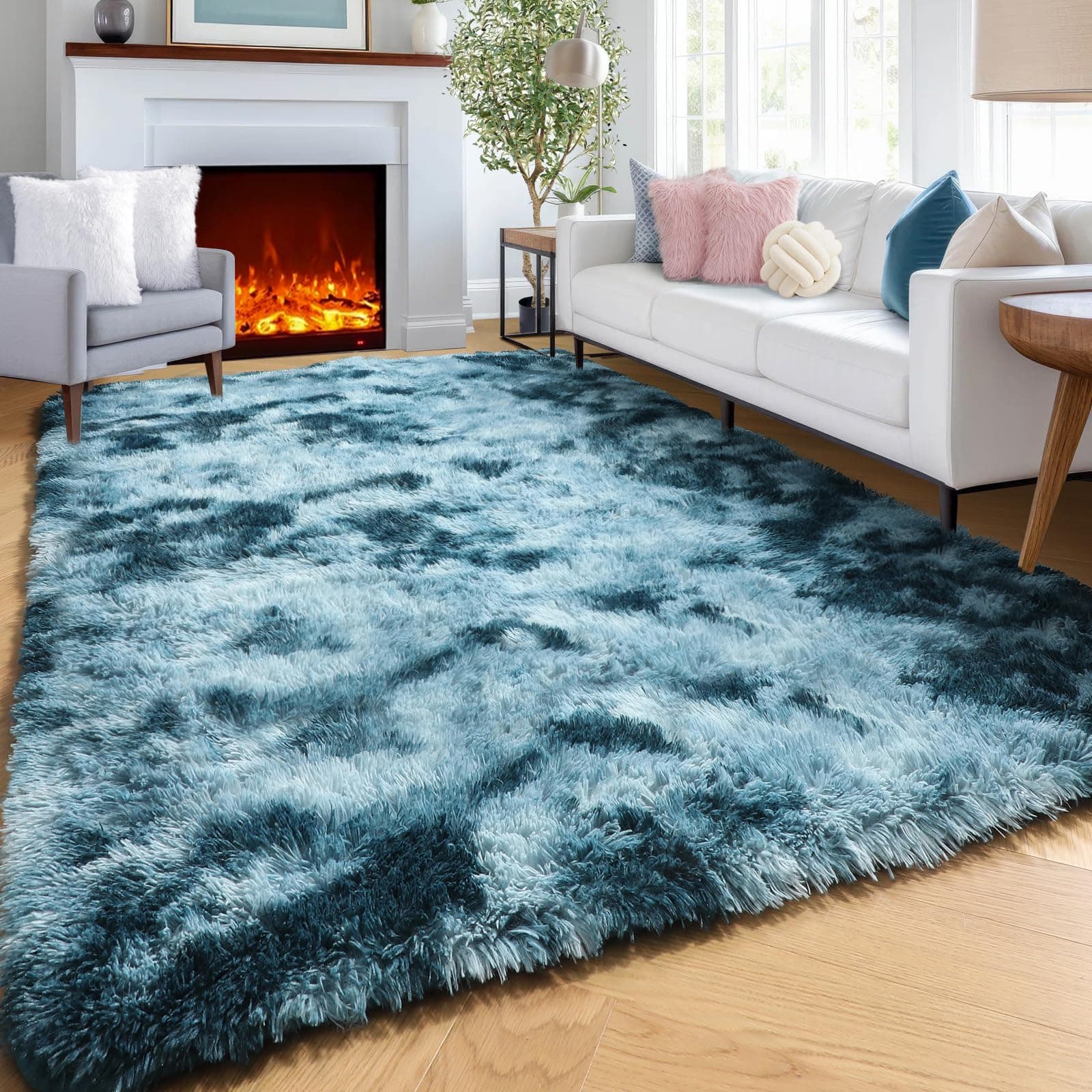 KICMOR 8x10 Blue Area Rugs for Living Room Girls, Machine Washable Large Tie-Dyed Fluffy Furry Kids Room Rug, Anti-Skid Shaggy Shag Floor Carpet Bedroom Rug for Room Decor Aesthetic, Peacock Blue