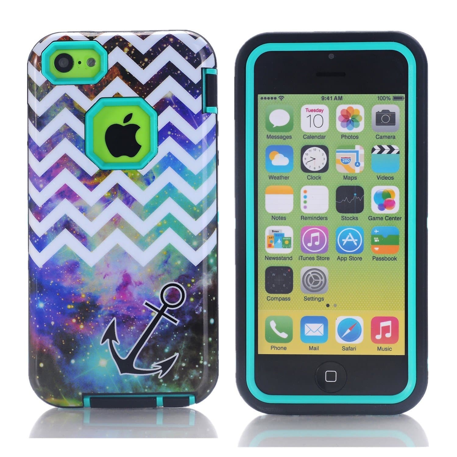 iPhone 5S Case MOUKOU Hybrid High Impact 3 Layers Chevron with Anchor on Galaxy Pattern Hard Back Cover Case for iphone5 5S (Light Blue)