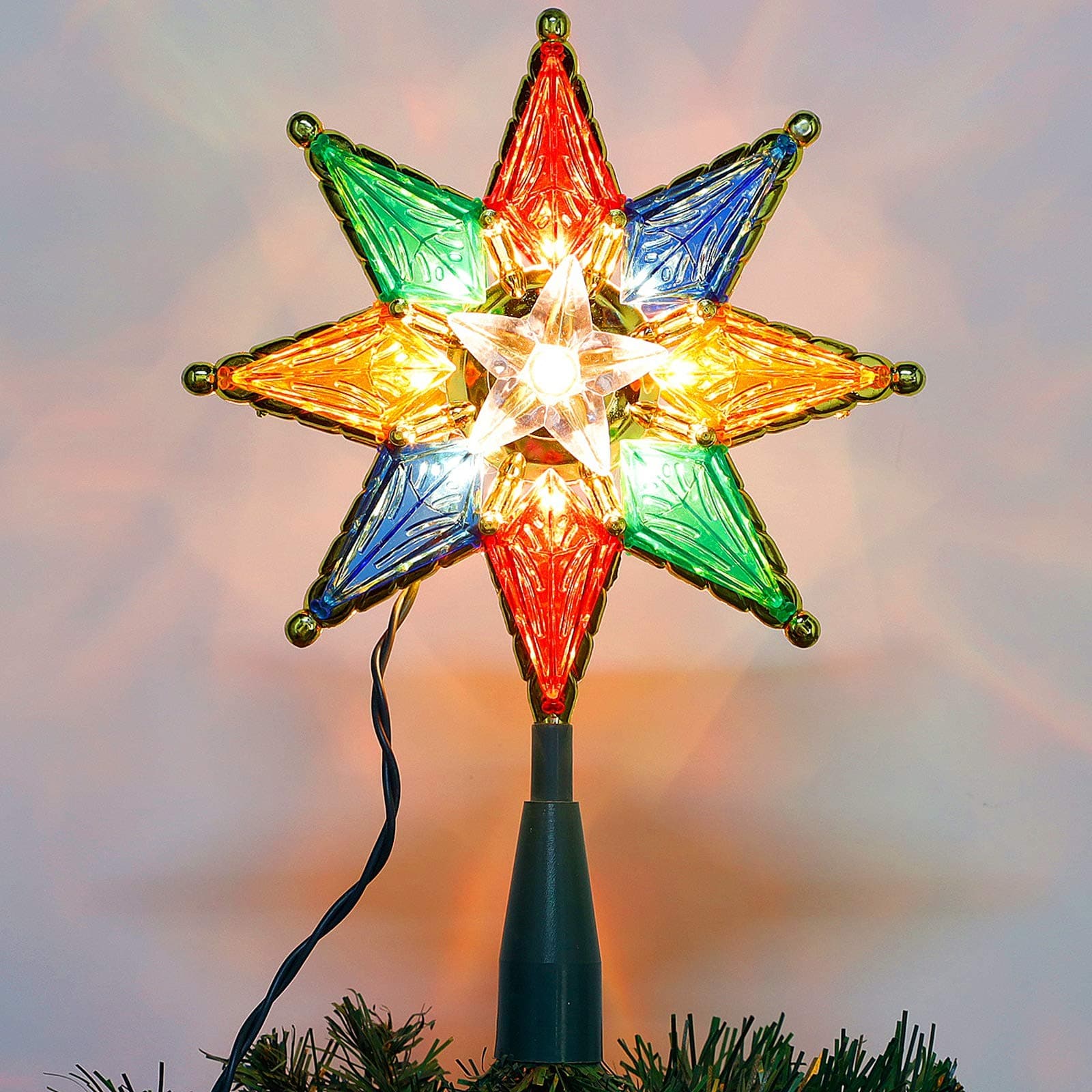 Twinkle StarChristmas Tree Toppers, 7.8" Lighted Colorful Xmas Star Treetop with 8-Point 10 Warm Lights Tree Star for Christmas Party Home Decorations, Multi Color