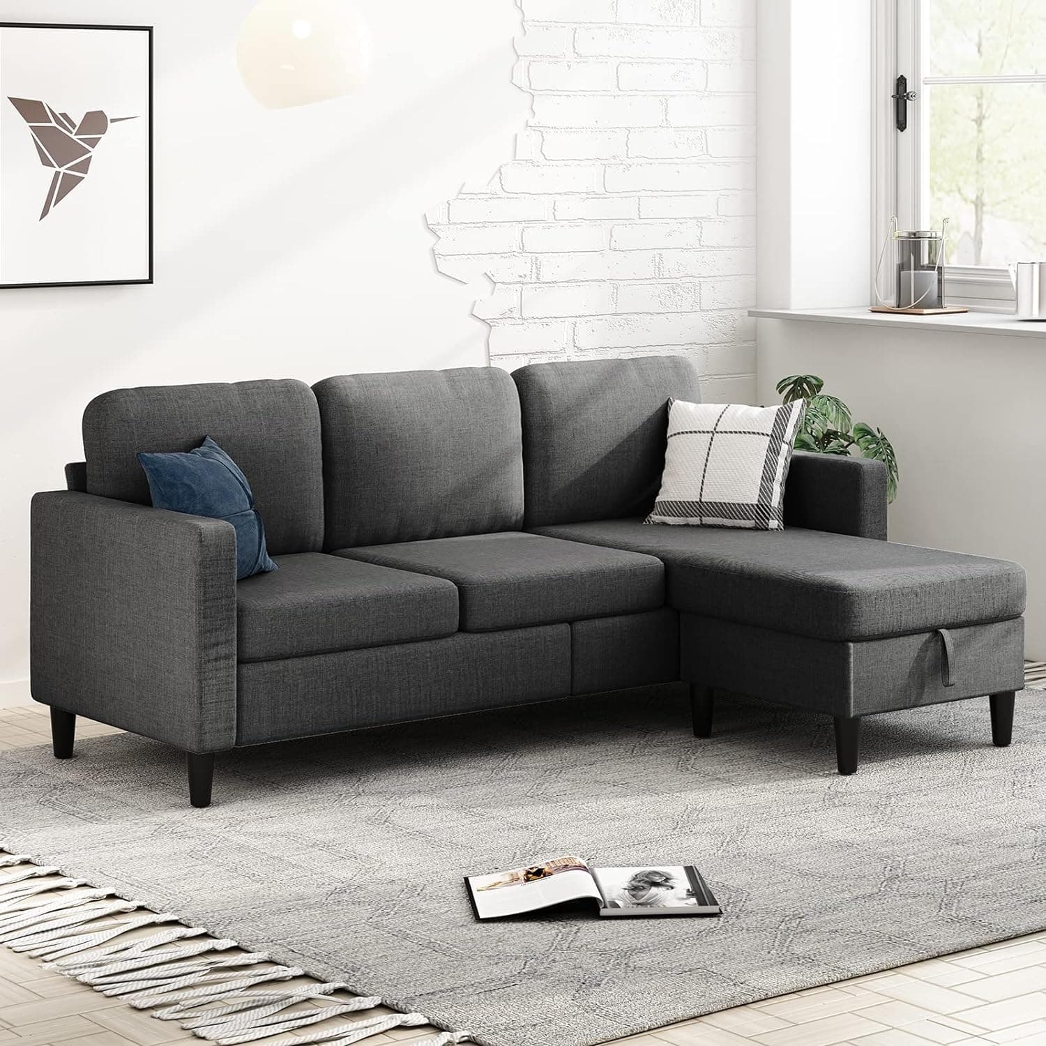 ijuicyConvertible Sectional Couch,78" Small Sectional Sofa, 3-Seat Upholstered Linen L Shaped Sofa w/Movable Storage Ottoman,Reversible Chaise Lounge for Living Room/Small Spaces(Dark Grey)