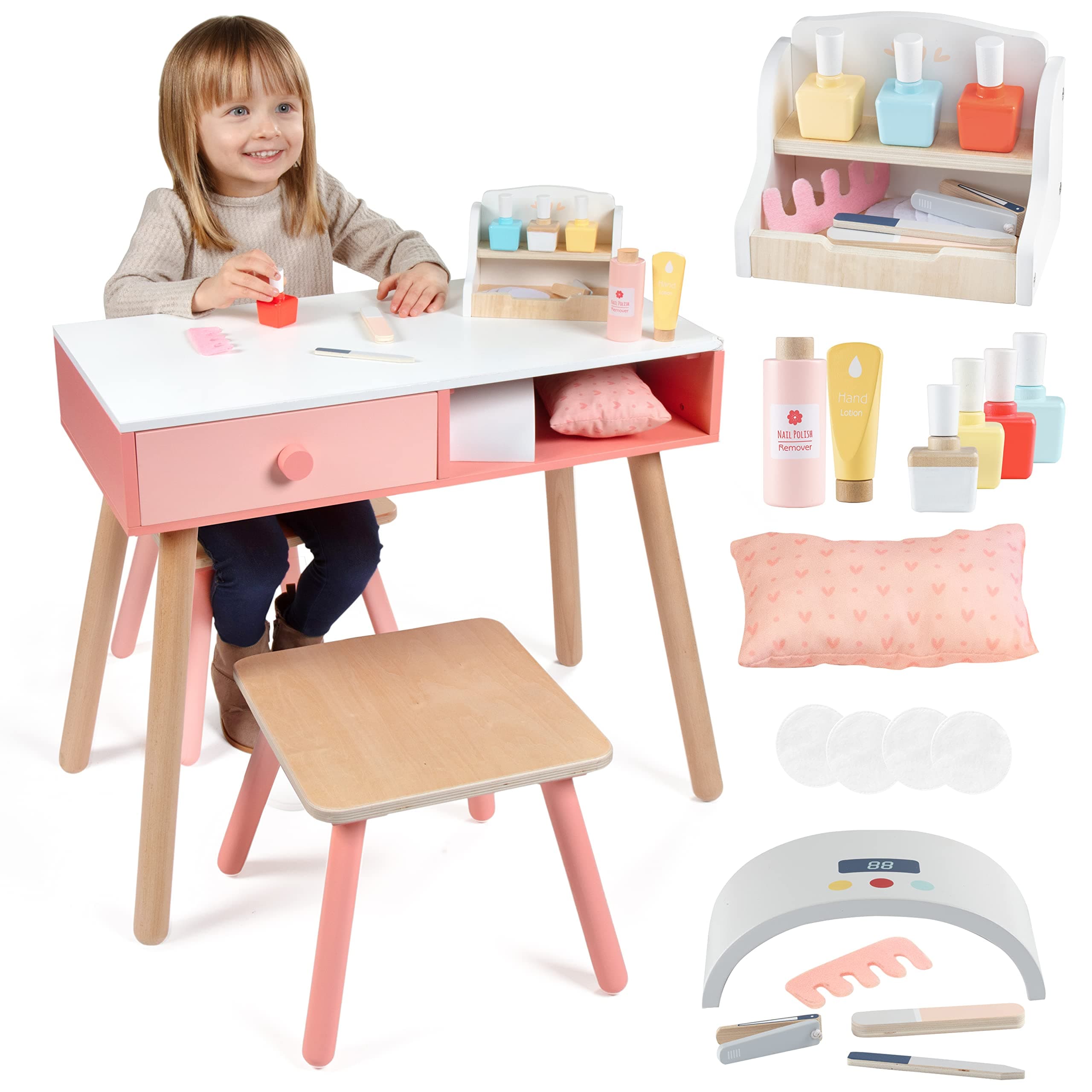 Pretend Nail Salon Wooden Play Set - Run Your Own Salon - Full Playset Includes Nail Polishes, Beauty Caddy, File, Dryer, Chair & Stool - Mess-Free, Fun Mani Pedi Manicure Nail Care for Girls and Kids