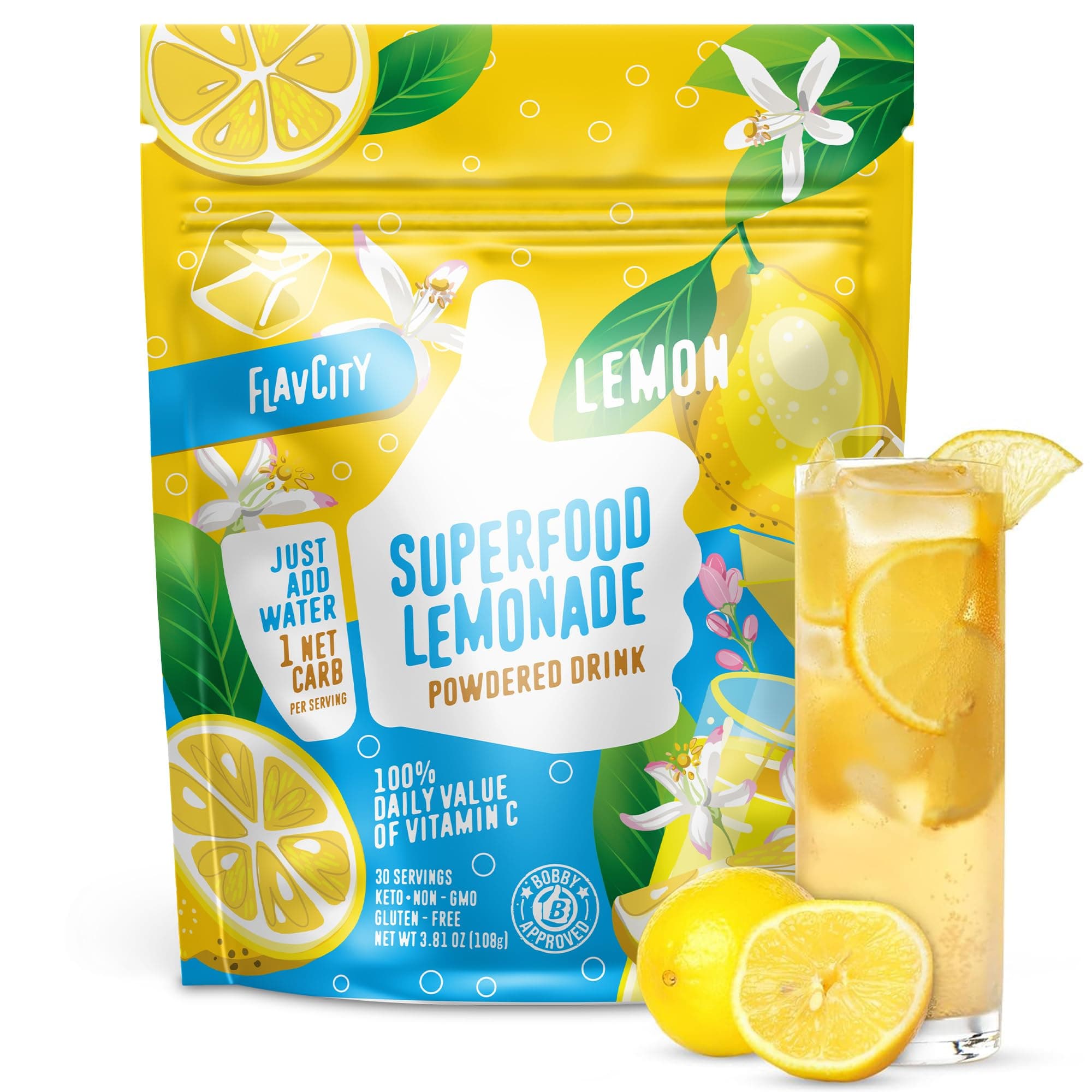FlavCity Superfood Lemonade Drink Mix - Sugar-Free Lemonade Powder with Real Crystallized Lemon & Organic Acerola - 100% DV Vitamin C - Keto, Gluten-Free, Non-GMO (30 Servings)