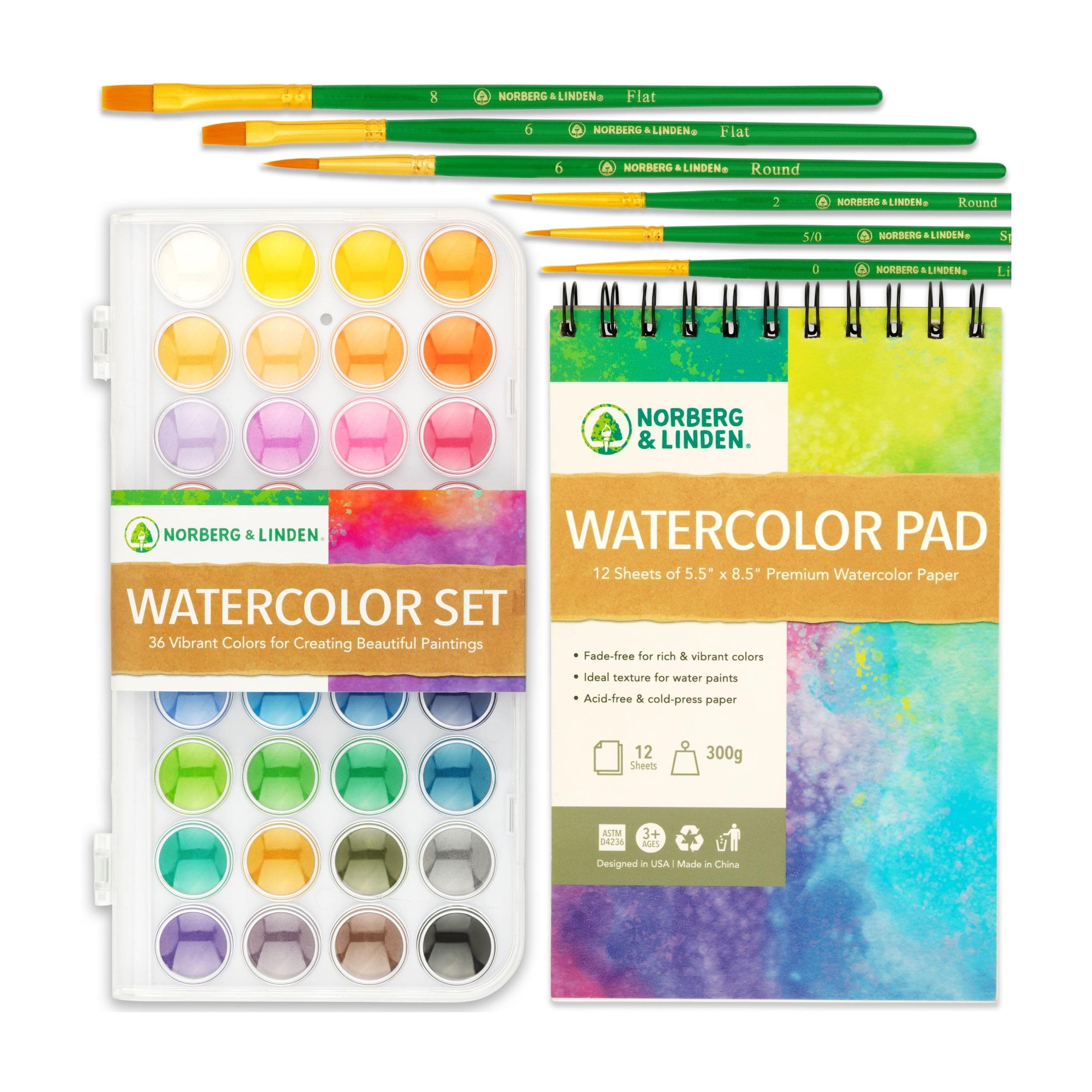 Norberg & Linden Watercolor Paint Set - 36 Premium Paints - 12 Page Pad - 6 Brushes - Painting Supplies with Palette, Watercolors, Art Pad Paper and Artist Brushes