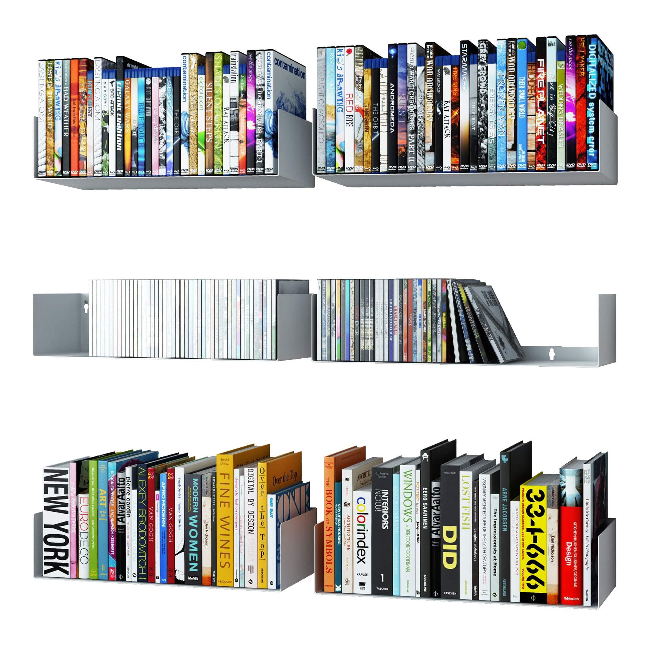 Wallniture Bali White U Shape Floating Shelves for Wall, CD DVD Storage Shelves and Metal Bookshelf Set of 6