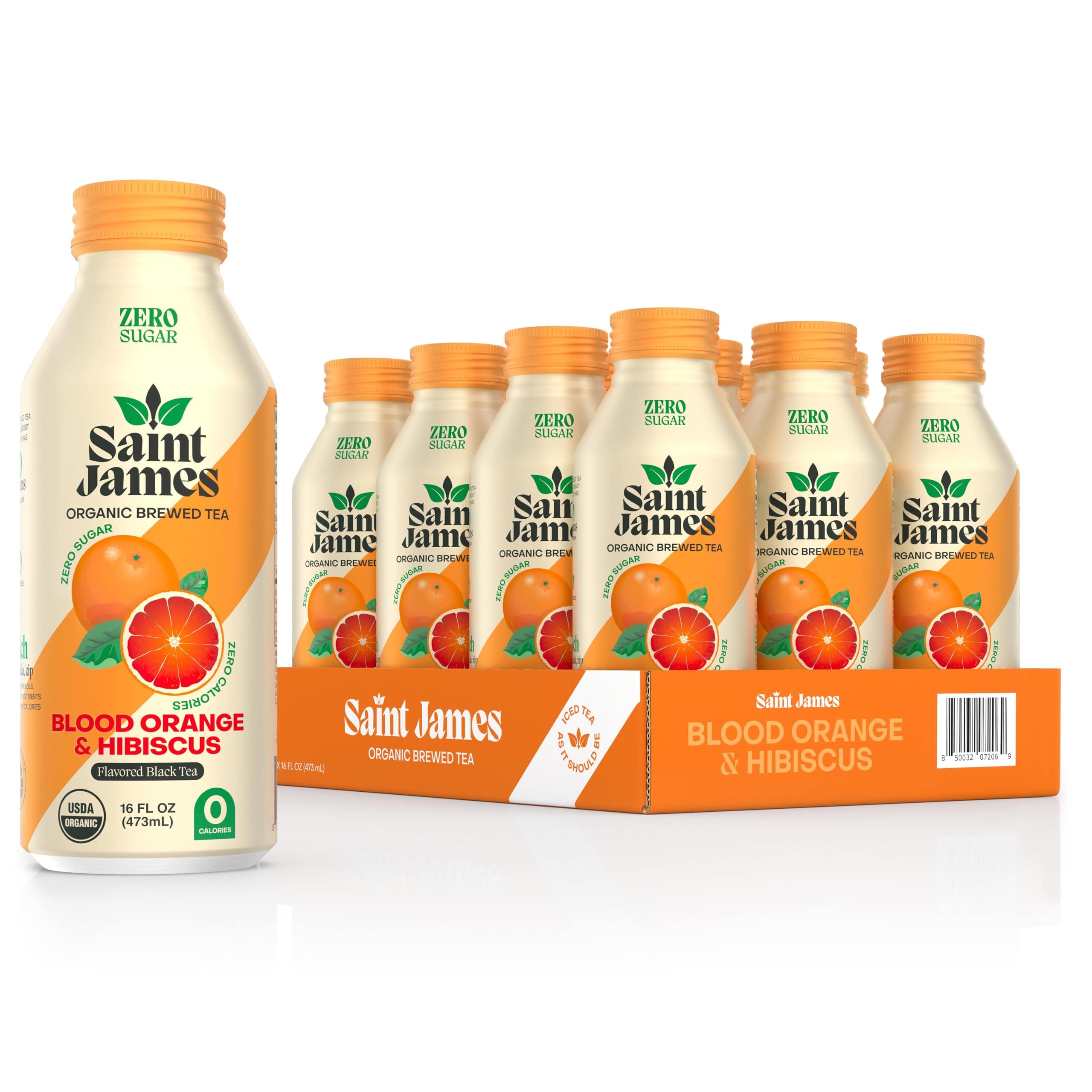 - Saint James Iced Tea - Organic Black Tea - Non-GMO, Gluten Free, Zero Calorie, Zero Sugar - Blood Orange, 12 Pack (16 fl oz each)