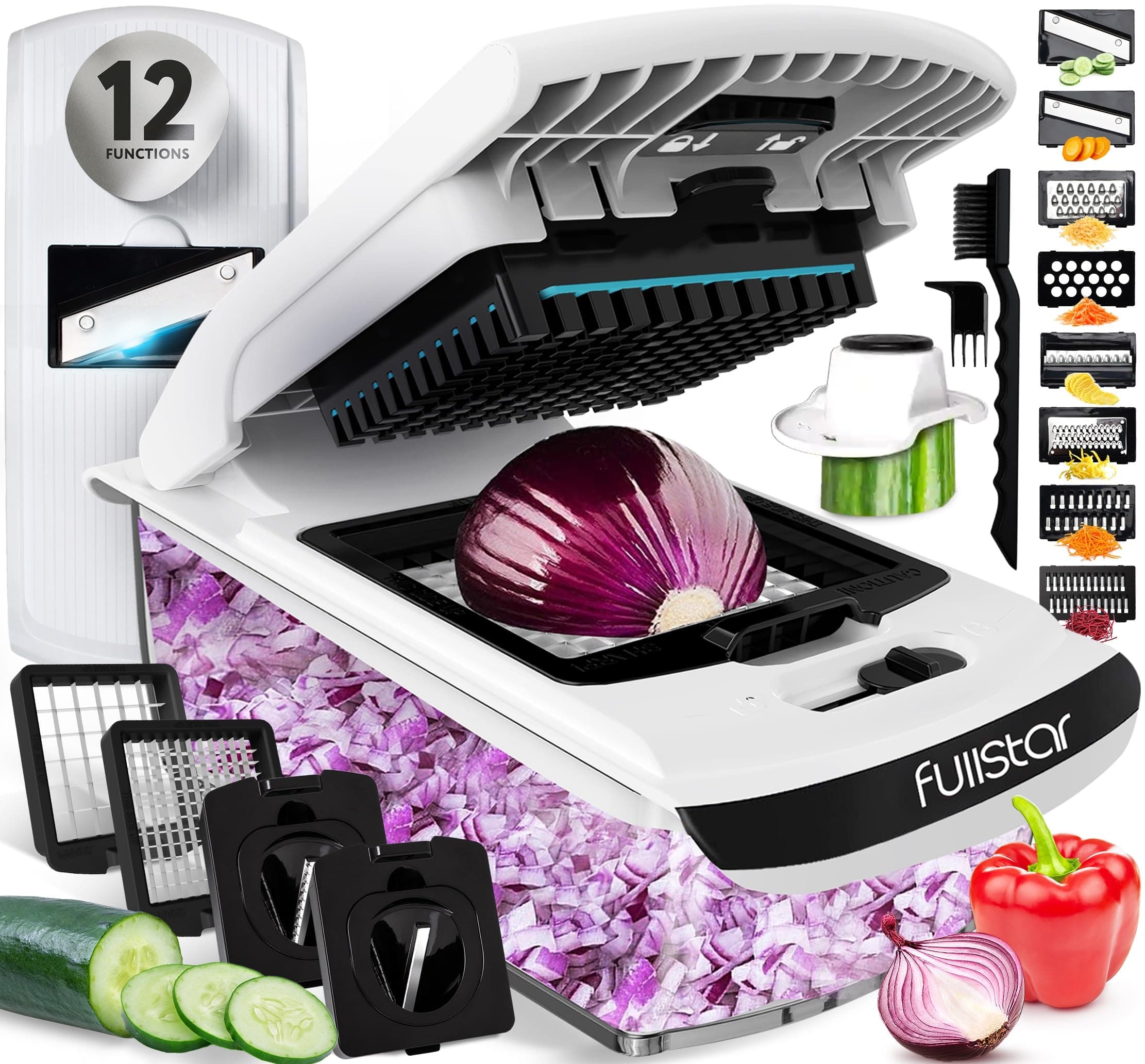 – Vegetable Chopper & Mandoline Slicer with Container - Veggie Onion Salad Food Cutter Dicer - Julienne & Wavy Slicer - Grater Zester - Kitchen Tools Gadgets - Home Essentials (12-in-1 PRO White)
