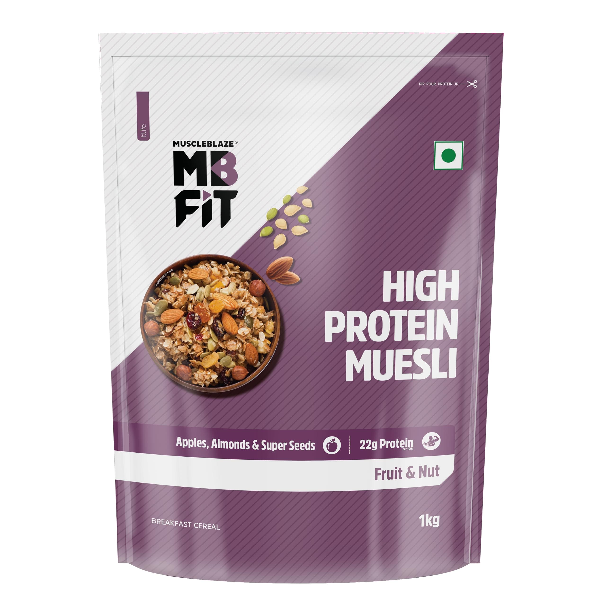 MuscleBlaze Fit High Protein Muesli (1kg, Fruits & Nut) | 22g Protein | With Apple, Almonds & Super Seeds, High Protein Breakfast Cereals