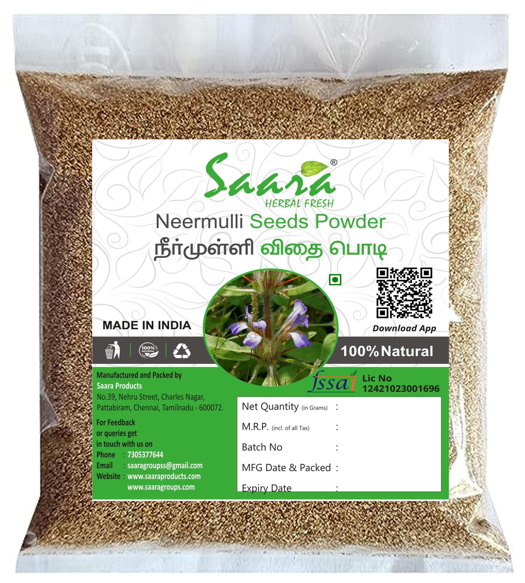 Saara HERBAL FRESH Neermulli Vidhai Powder 100g | Talmakhana Seed, Kokilaksha, Marsh Barbel, Hygrophila Auriculata Seed, Neermulli Seeds Powder, (Pack 1 x100g)