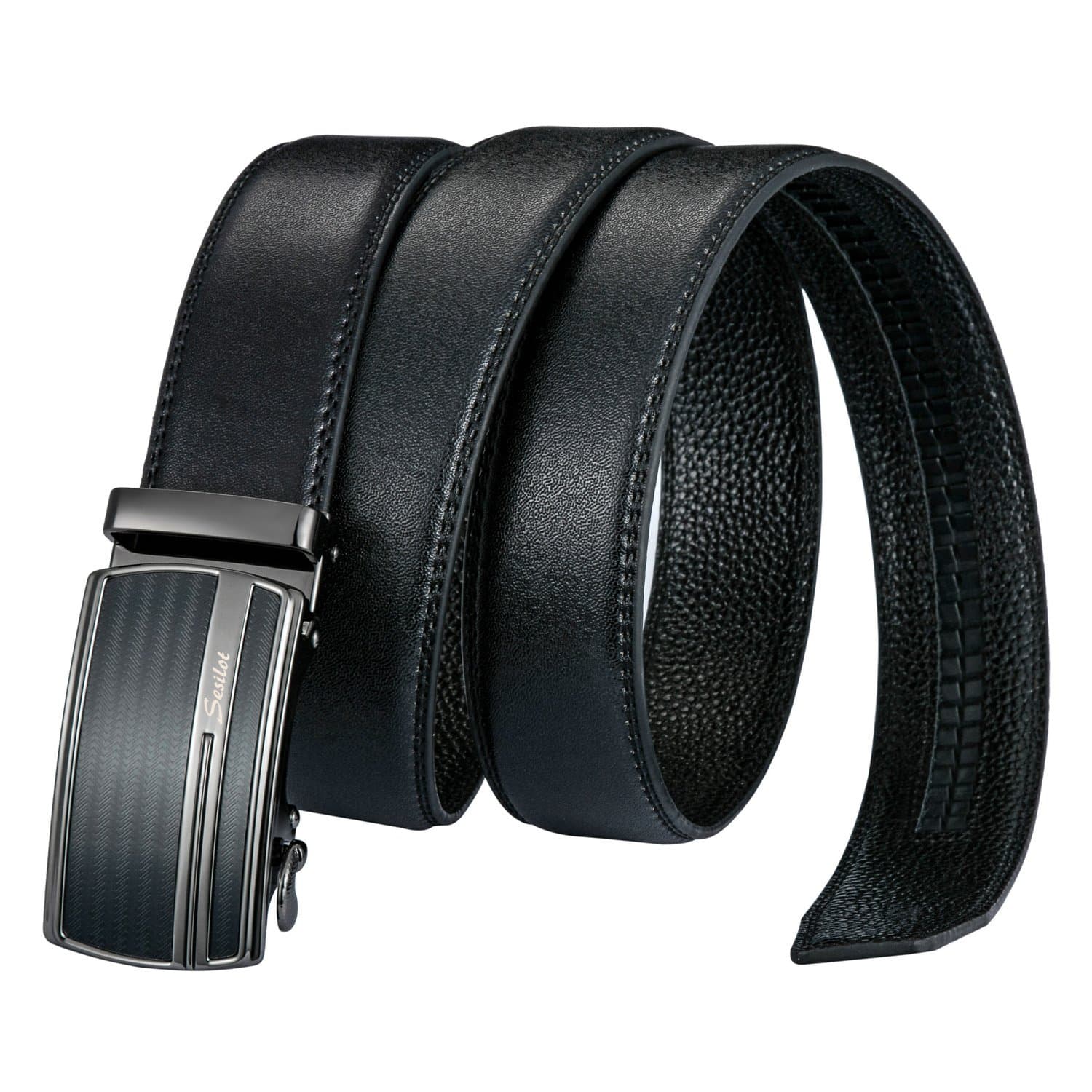 Men's Leather Ratchet Dress Belt with Automatic Buckle - Long 52" Black