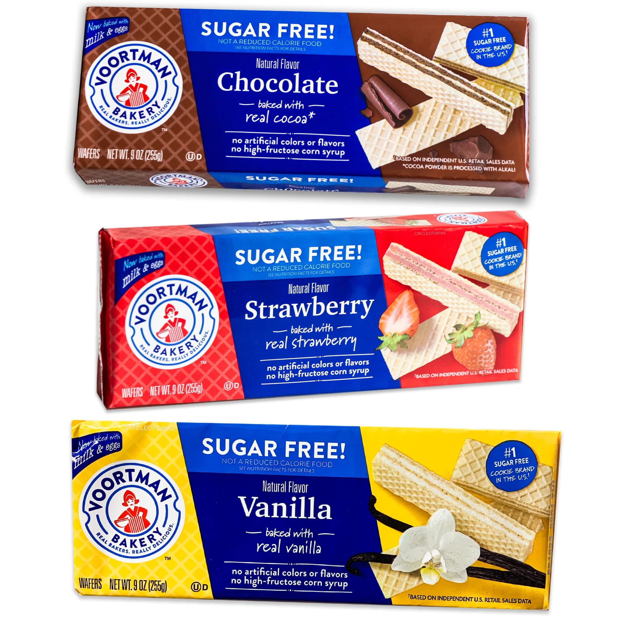 Voortman Sugar Free Wafers - Variety Pack - Strawberry (1, 9oz pack) - Vanilla (1, 9oz pack) - Chocolate (1, 9oz pack) - Baked with Real Ingredients