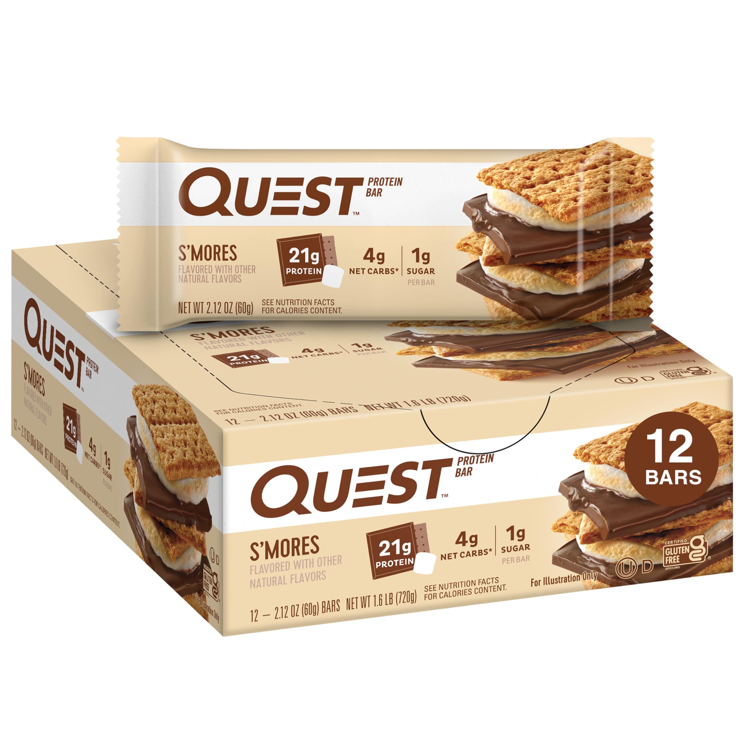 Quest Nutrition S'Mores Protein Bars, 21g Protein, 1g Sugar, 4g Net Carb, Gluten Free, Keto Friendly, 12 Count