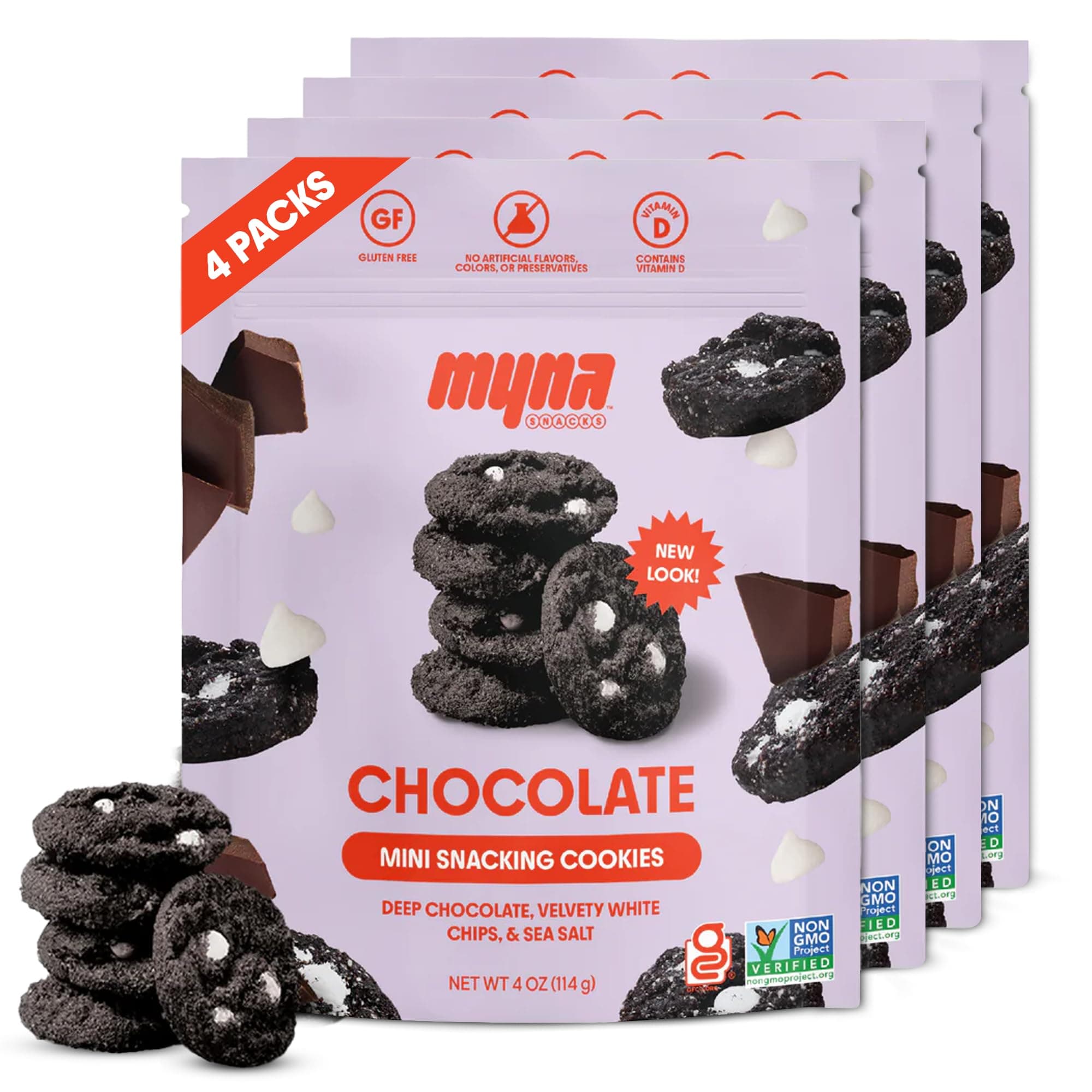 Myna Snacks Midnight Mini Snacking Cookies - Seed Oil Free Snacks - Gluten and Dairy Free Snack - Chocolate Cookies w/White Chips - Healthy Dessert - Sweet Cookie Bites, 16oz (Pack of Four, 4oz Bags)