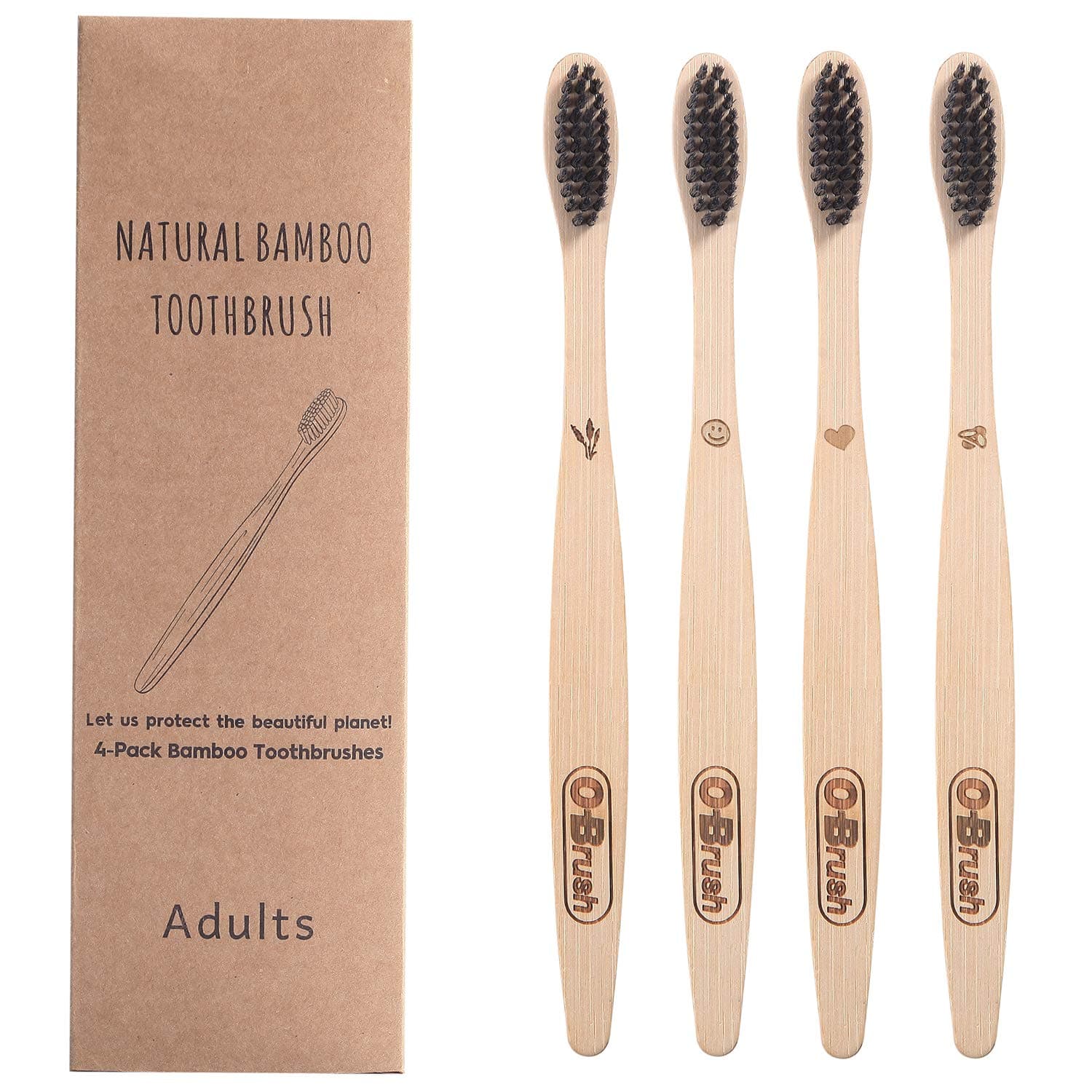 Bamboo Charcoal Toothbrush, Tooth Brush for Adult, Charcoal Bristles Bamboo Tooth Brush Biodegradable Handle with Medium Nylon Bristles ，Four Patterns，Set of 4