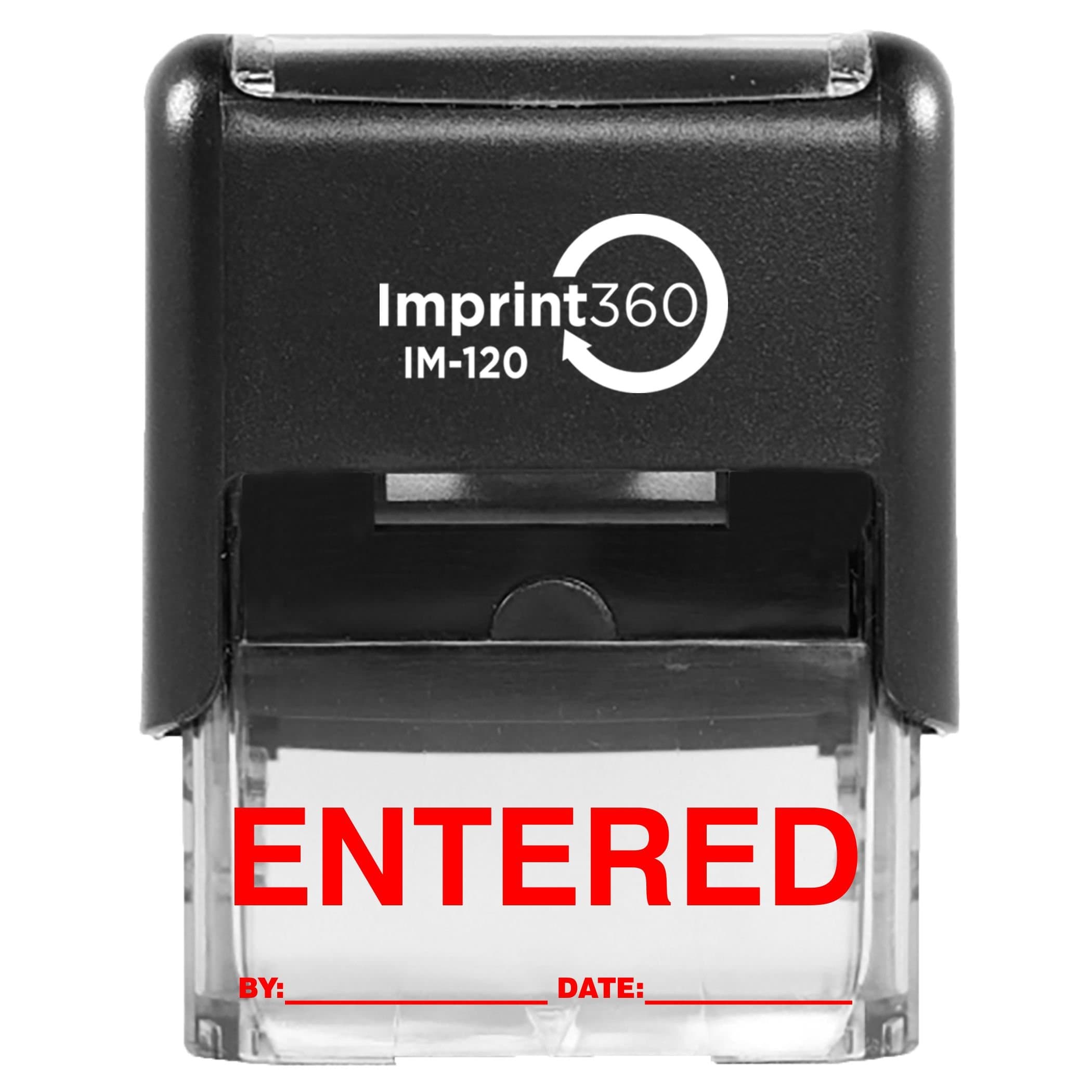 AS-IMP1100R - ENTERED Stamp with By: & Date:, Red ink, Heavy Duty Commerical Self-Inking Rubber Stamp, 9/16" x 1-1/2" Impression