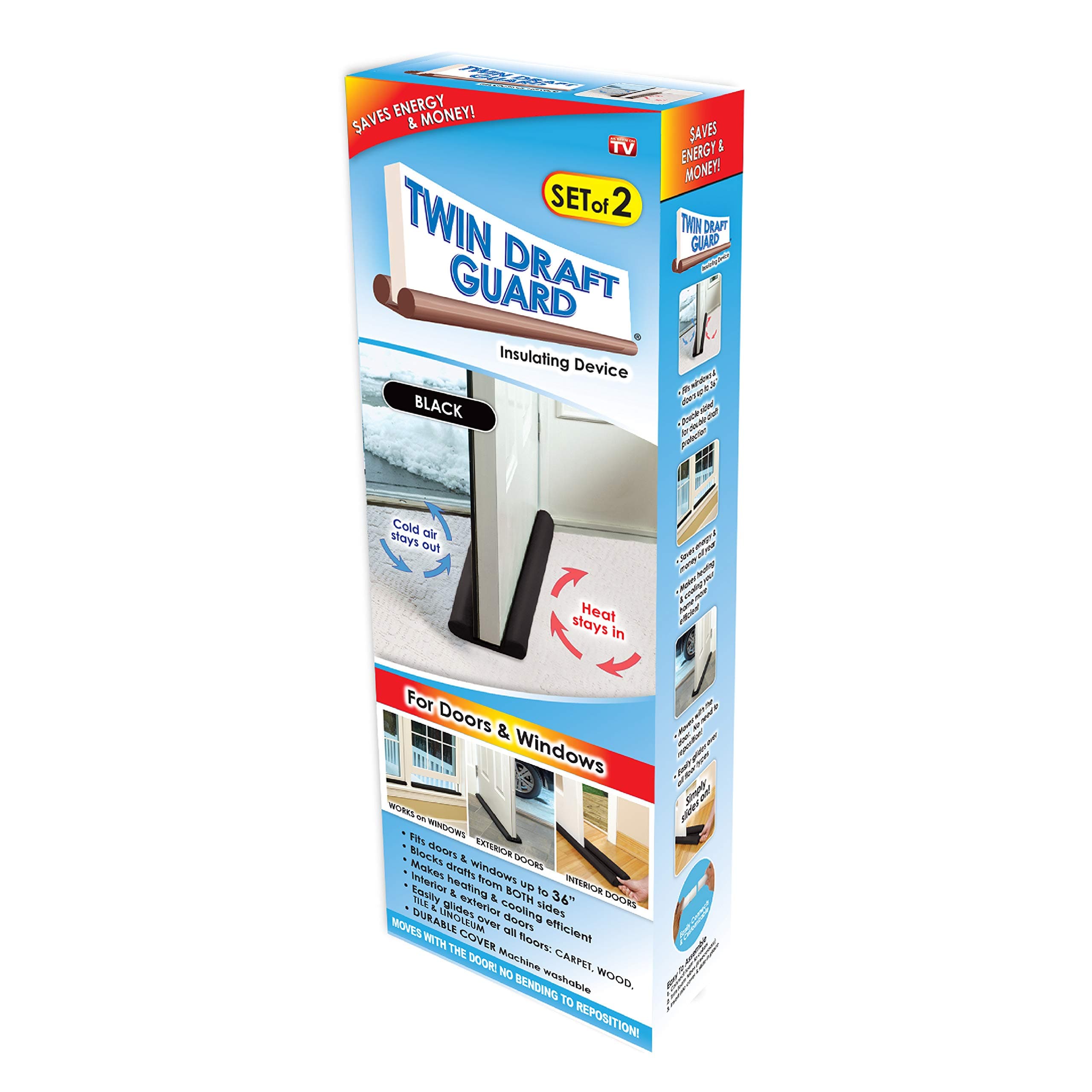 Twin Draft Guard Original , Set of 2, Year-Round Insulator Door Seal Strip, Trademarked and Patented Under-Door Stopper for Bottom of Door, 36-Inch Dust, Wind, and Noise Insulator, Black