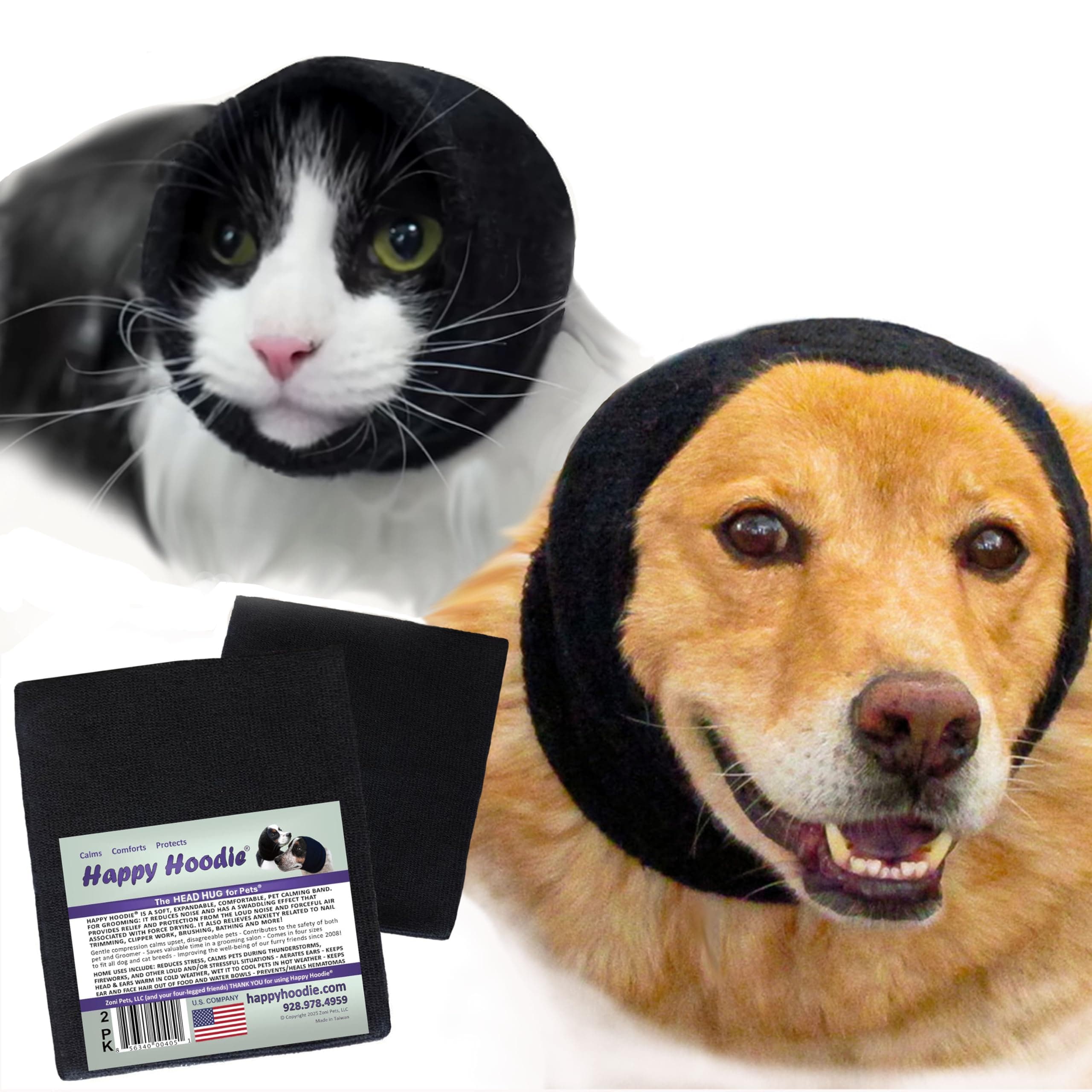 Happy Hoodie The Original Dog & Cat Calming Band - American Brand - Anxiety Relief/Noise Protection-Grooming-Thunder-Fireworks 2 Pack Black (1 Small, 1 Large) - Since 2008