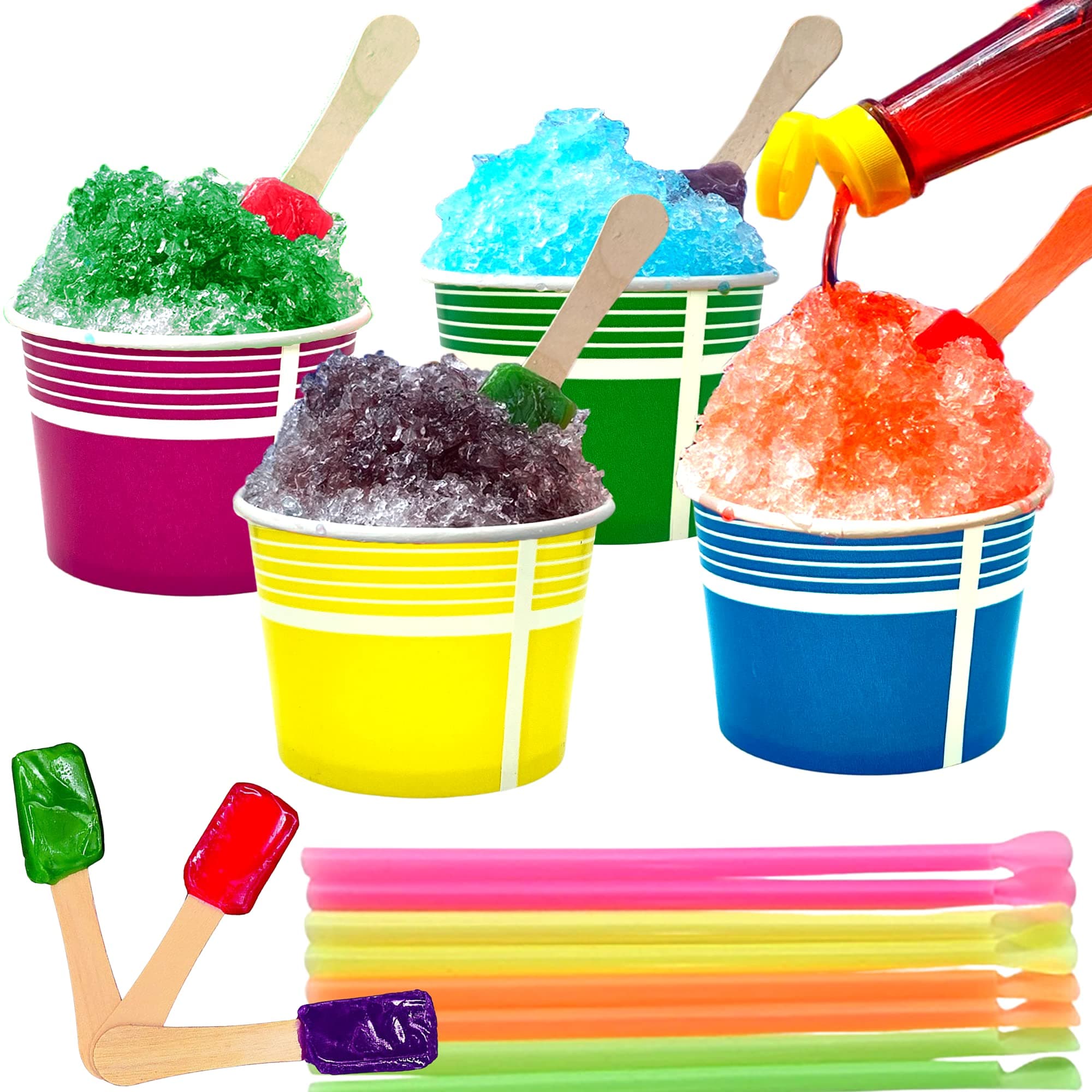 Concession Essentials 140 Piece Multi-Colored Snow Cone/Shaved Ice Kit - Includes 40 (12oz) Yellow, Pink, Green and Blue Cups, 50 Candy Spoons and Neon Straws - Perfect for Birthdays, Festivals