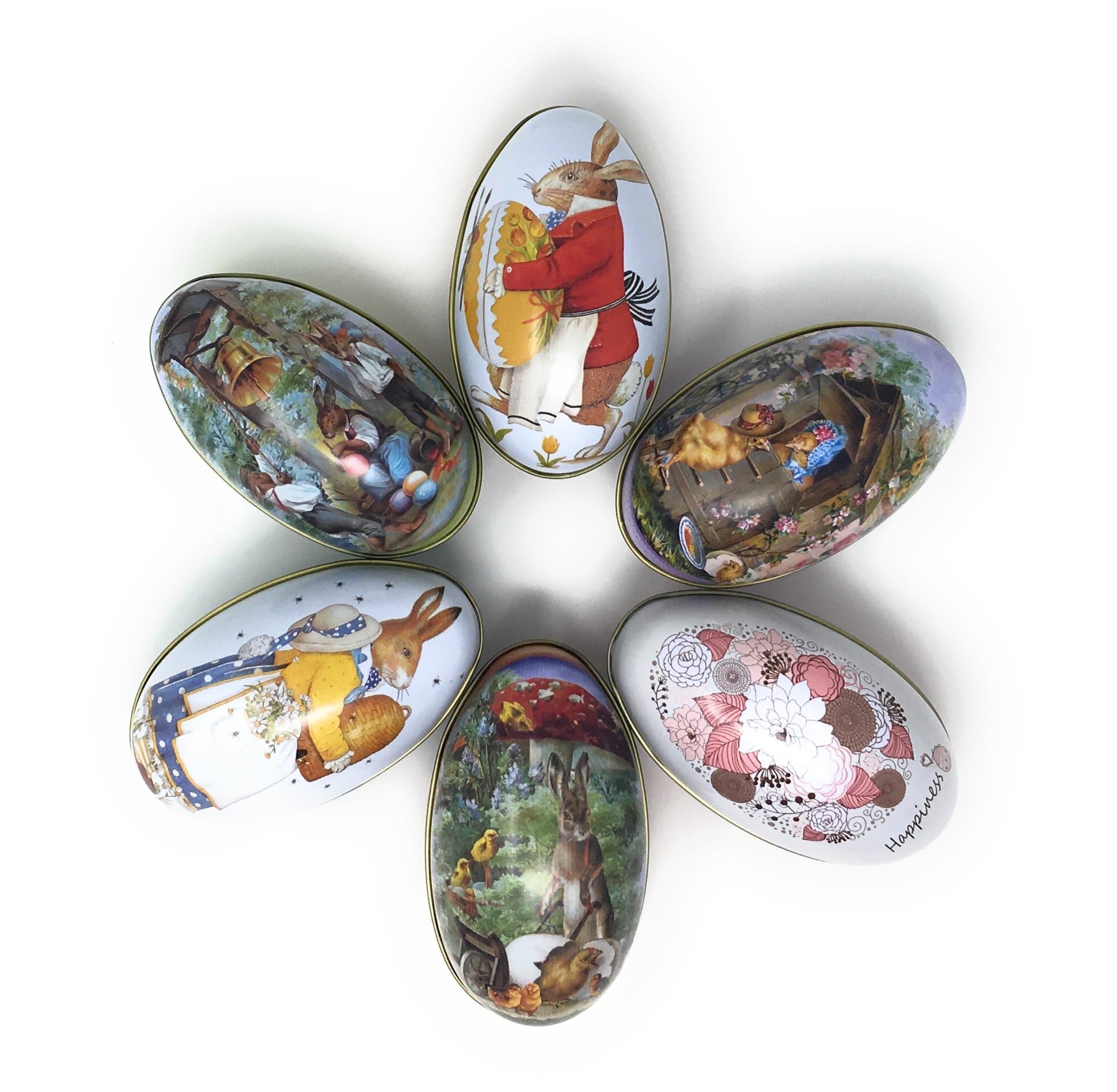 Tin Easter Eggs, Vintage Rabbit Chicks Flower Jumbo Large Size Set for Filling with Candy, Toys (6)