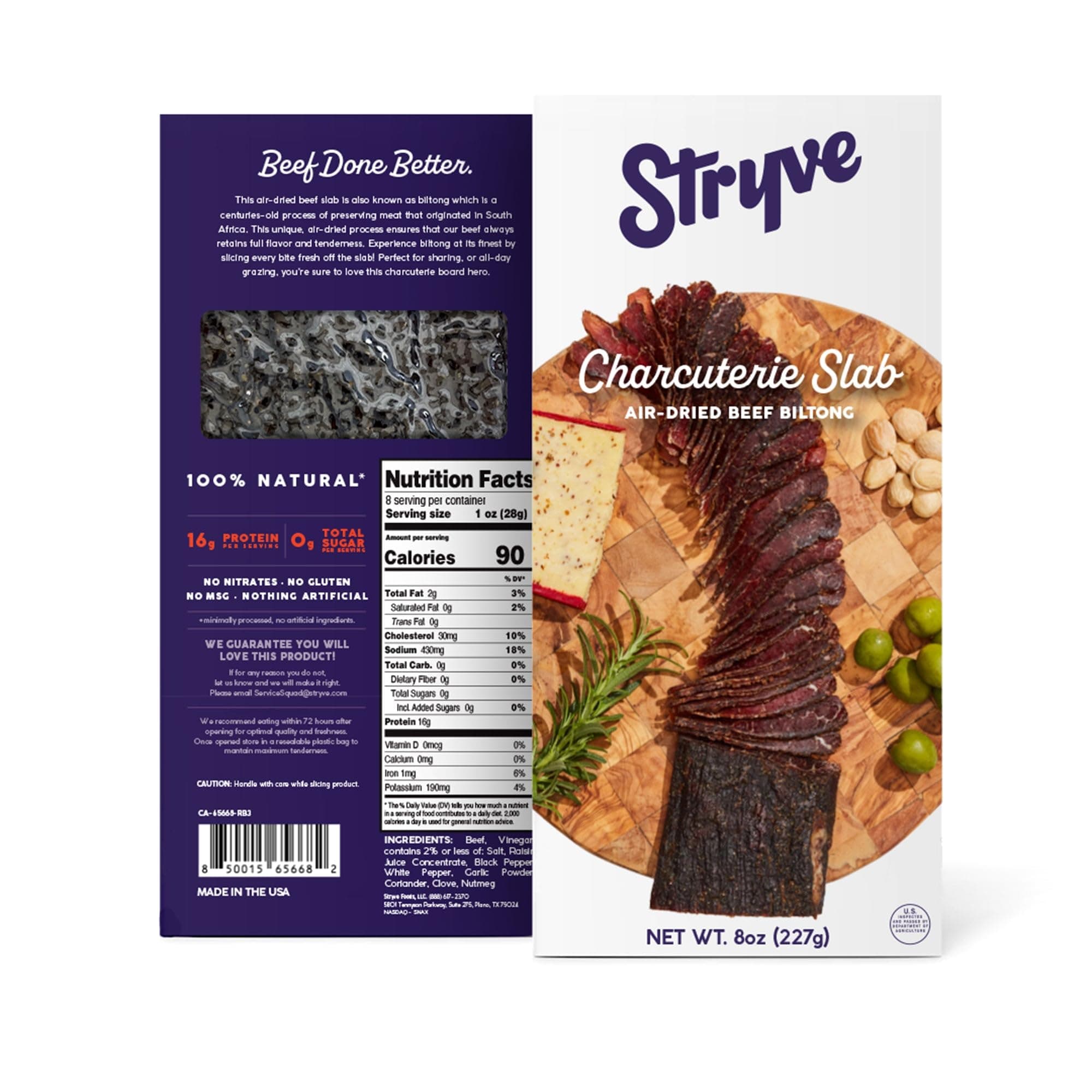 Stryve Protein Snacks - Charcuterie Slab | Protein Rich, Beef Biltong | 128g Protein, Sugar Free, Carbs Free, Gluten Free, Dairy Free, Keto & Paleo Friendly | Original, Slab (8oz)