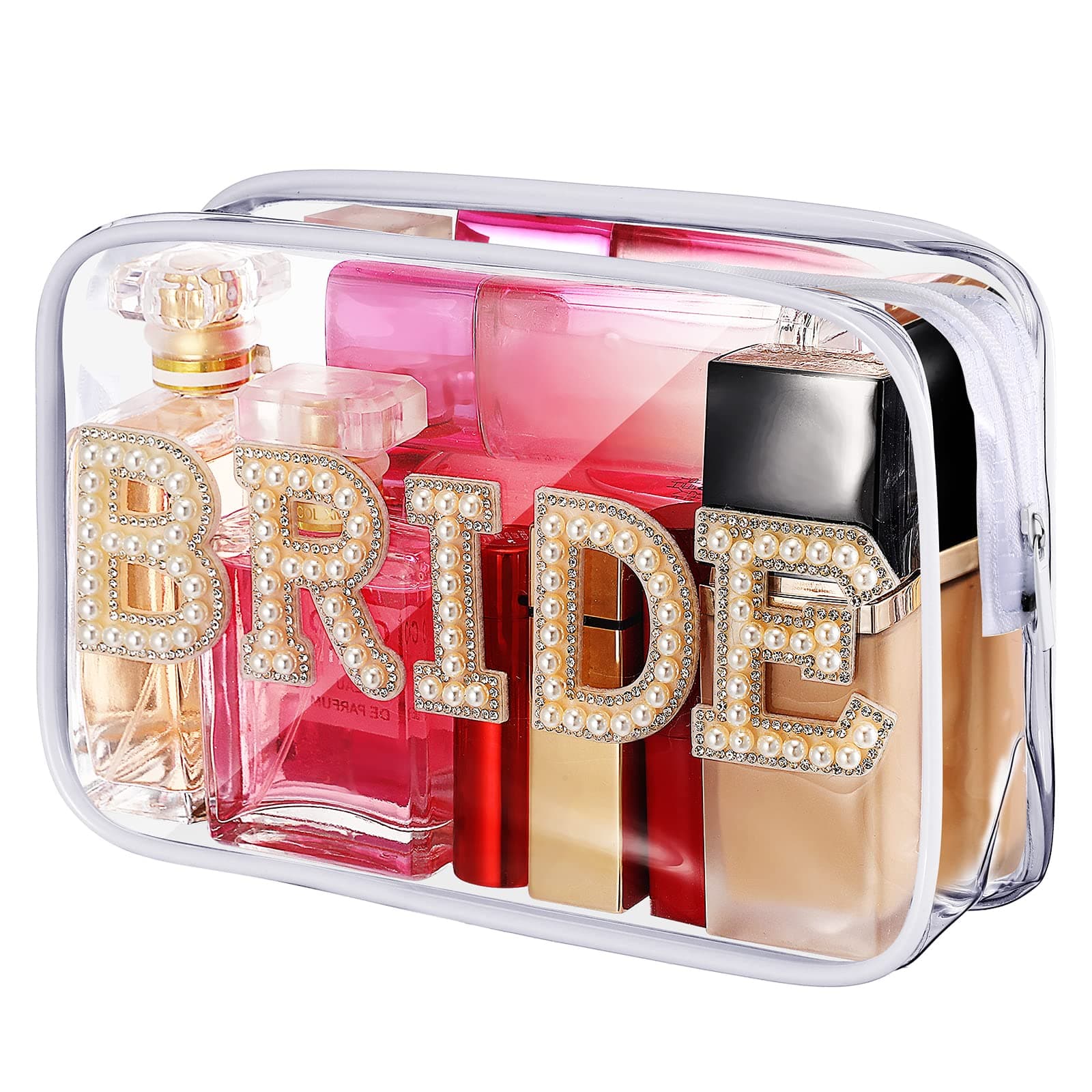 LEIFIDE Bride Bag Clear Makeup Bag Bride Gift Cosmetic Packet Mrs Pearl Bachelorette Toiletry Packet Wifey Pouch Rhinestone Letter PVC Travel Case Wifey Purse Portable(BRIDE Style)