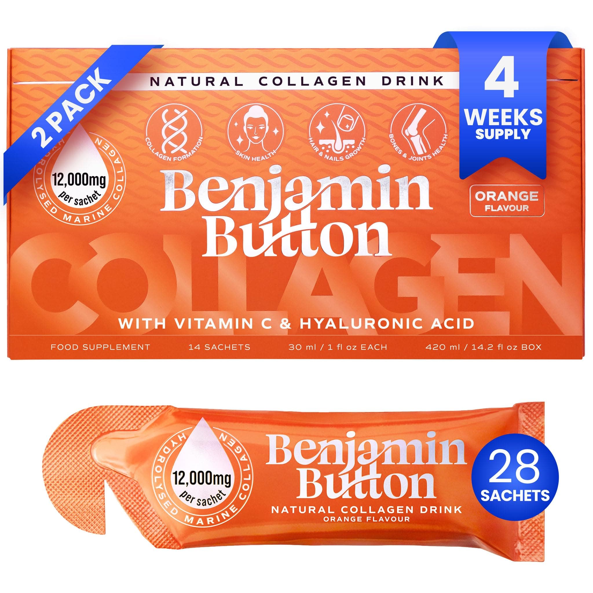 Benjamin Button Marine Collagen Liquid Sachet w/Hyaluronic Acid & Vitamin C | for Hair, Skin, Nails & Joints | 12,000mg High Strength Hydrolysed Collagen (Orange, 28x Sachets)