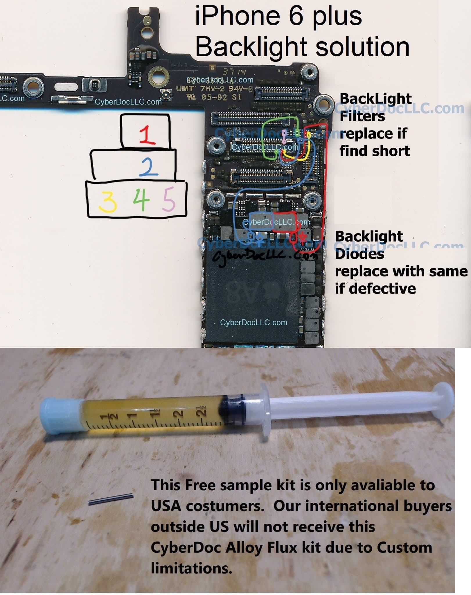 for iPhone 6 plus Backlight repair kit 1diode 3filters for dim screen and no backlight with 3cc flux and 1 piece Desoldering Alloy