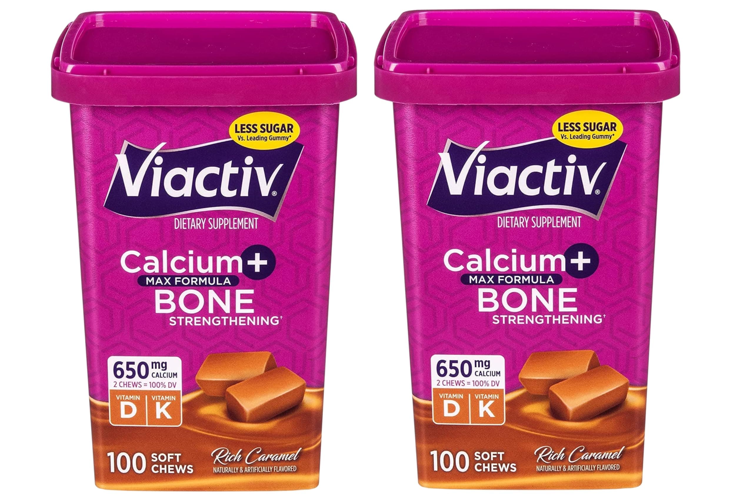 Viactiv Max Formula Calcium +Vitamin D3 Supplement for Bone Health, Rich Caramel, 100 Soft Chews - 2 Pack
