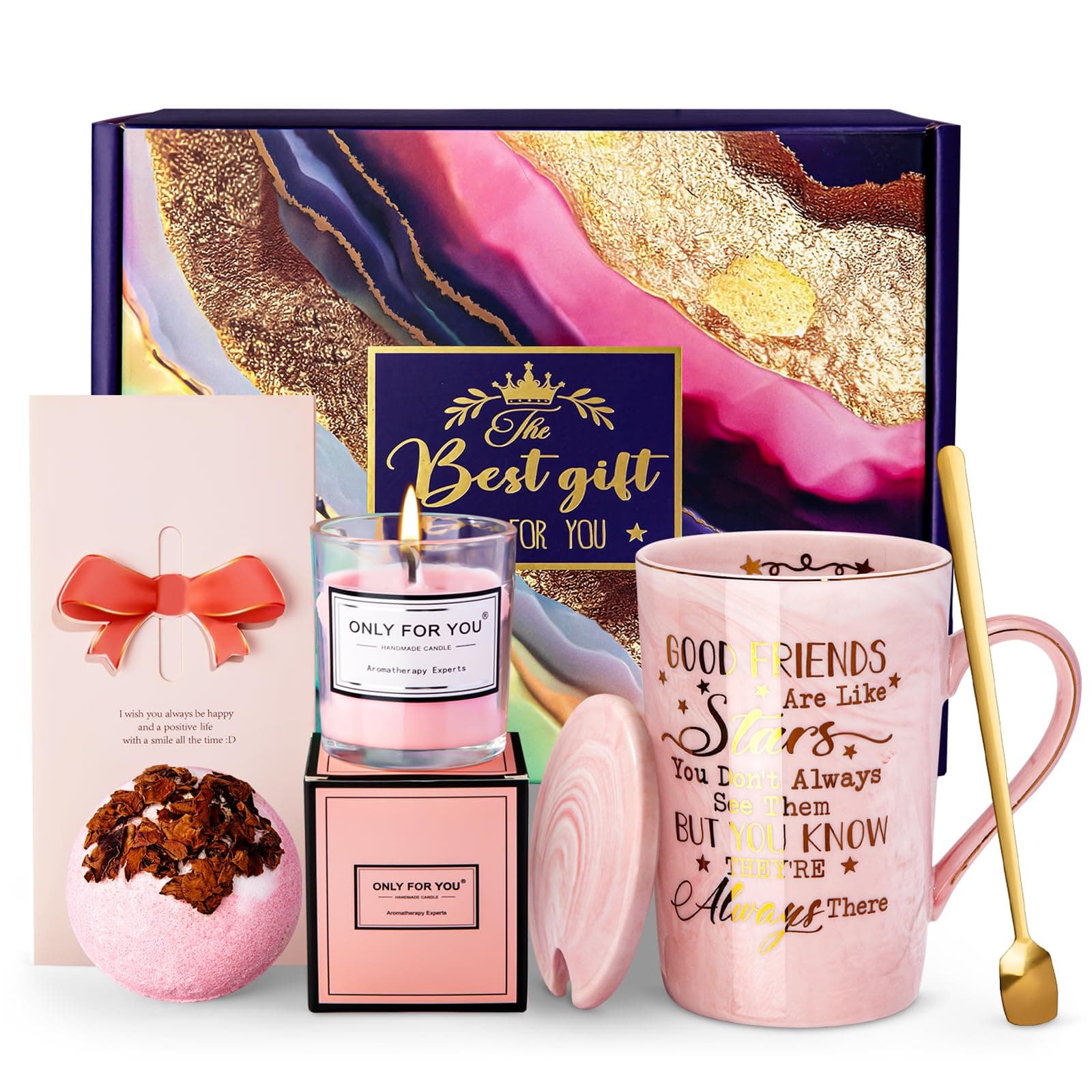 Best Friend Birthday Gifts for Women, Unique Friendship Gifts Ideas for Bestfriend, Female Besties, BFF Sister, 14oz Pink Marble Coffee Cup with Lid Spoon Card, Box, Best Friends Gift Basket Set of 6