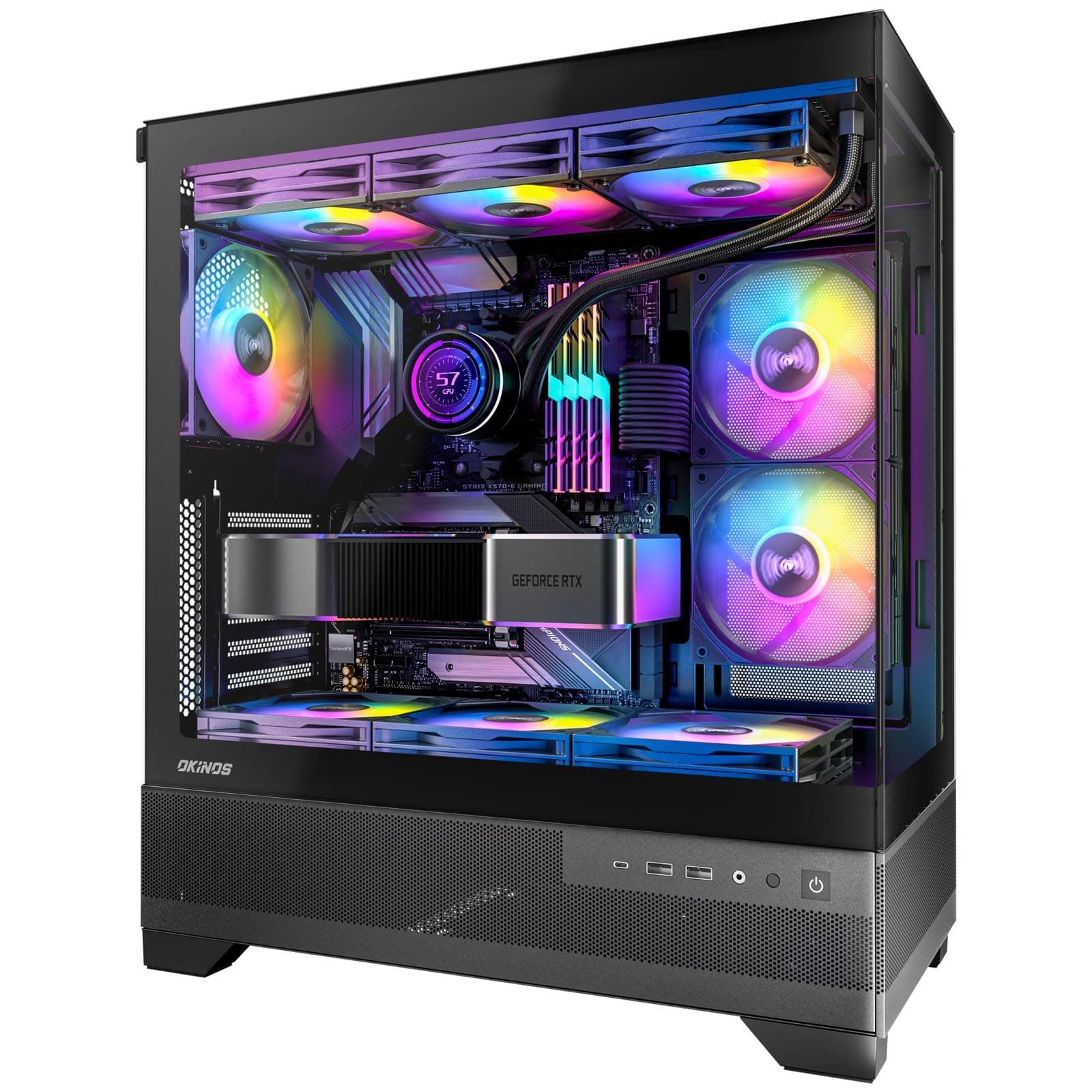 Aqua 7, Pre-Installed 6 × 120mm PWM ARGB Fan, ATX Mid Tower PC Case, Computer case with Panoramic View Tempered Glass Front & Side Panel, Type C Port, Gaming PC Case, Black