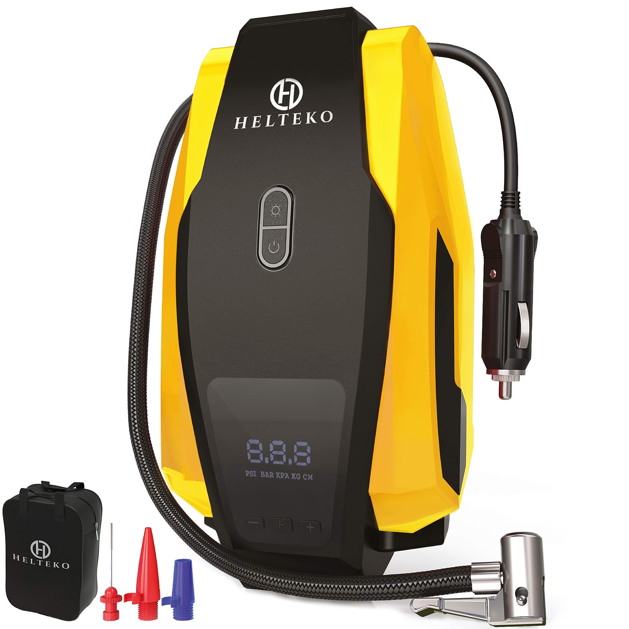 Helteko Air Compressor Tire Inflator DC 12V, Portable Car Tire Pump w/Emergency LED Light, Long Power Cord, Auto Shut Off, Electric Air Pump for Car Tire Bicycle and Other Inflatables