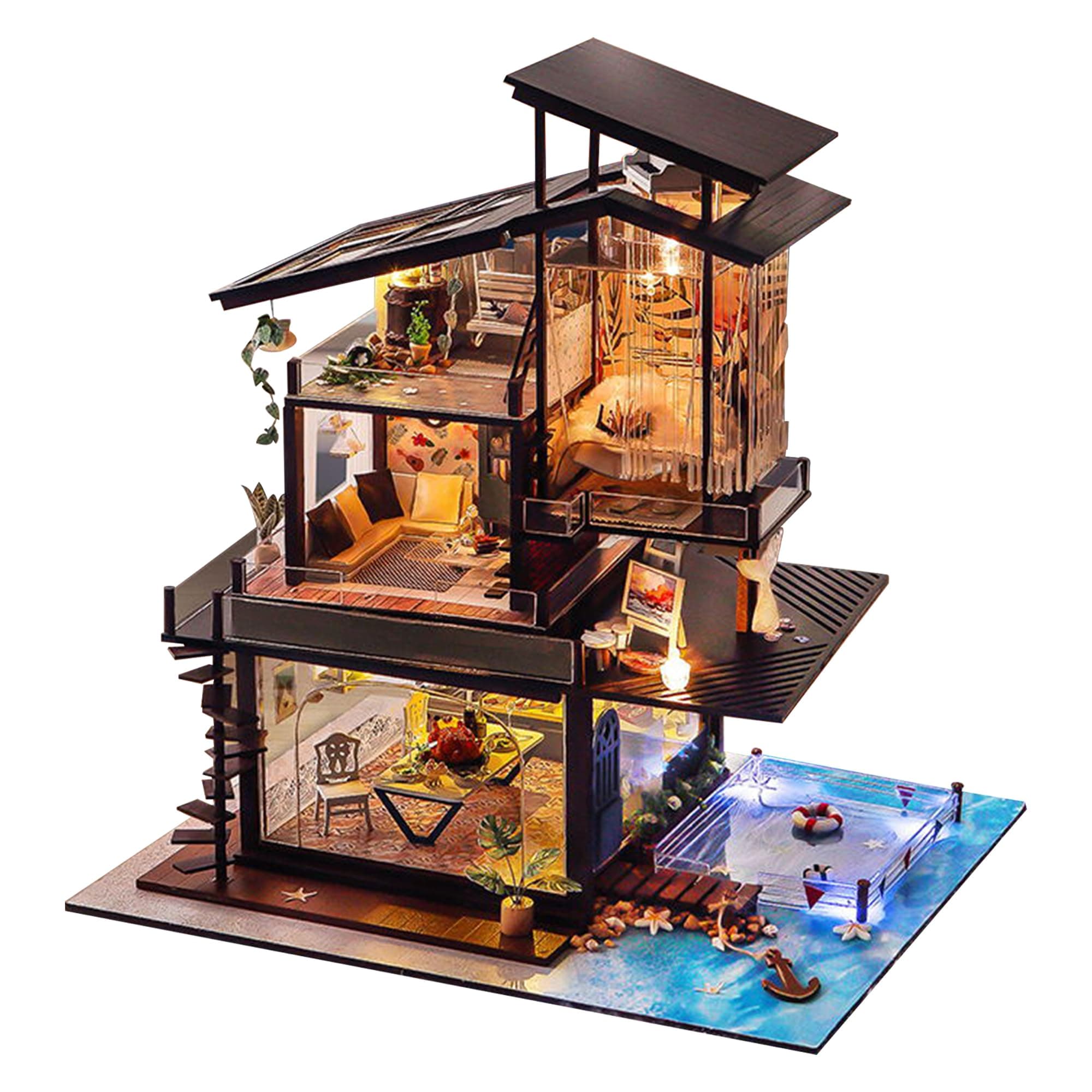 Kisoy Miniature DIY Dollhouse Kit with Furniture Accessories Creative Gift for Lovers and Friends (Valencia Coast) with Dust Proof Cover and Music Movement