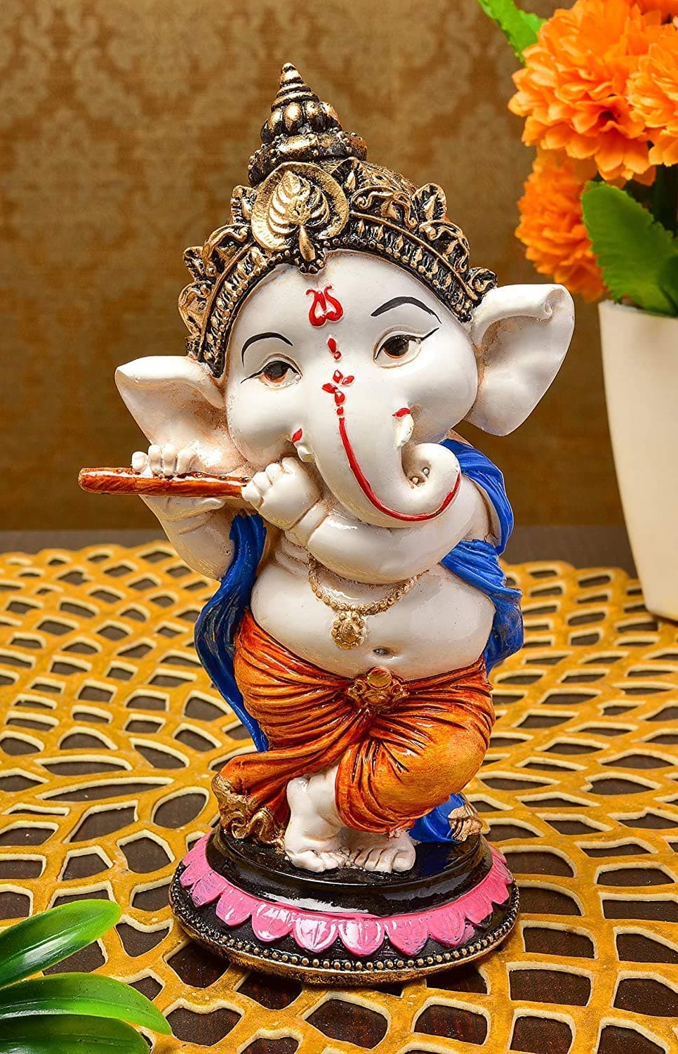 Karigaari India Polyresin Ganesha with Flute Figurine Handcrafted Ganpati Idol Decorative Showpiece for Home Pooja Room Office Spiritual Gift Ganesh Chaturthi Festival Tabletop Statue
