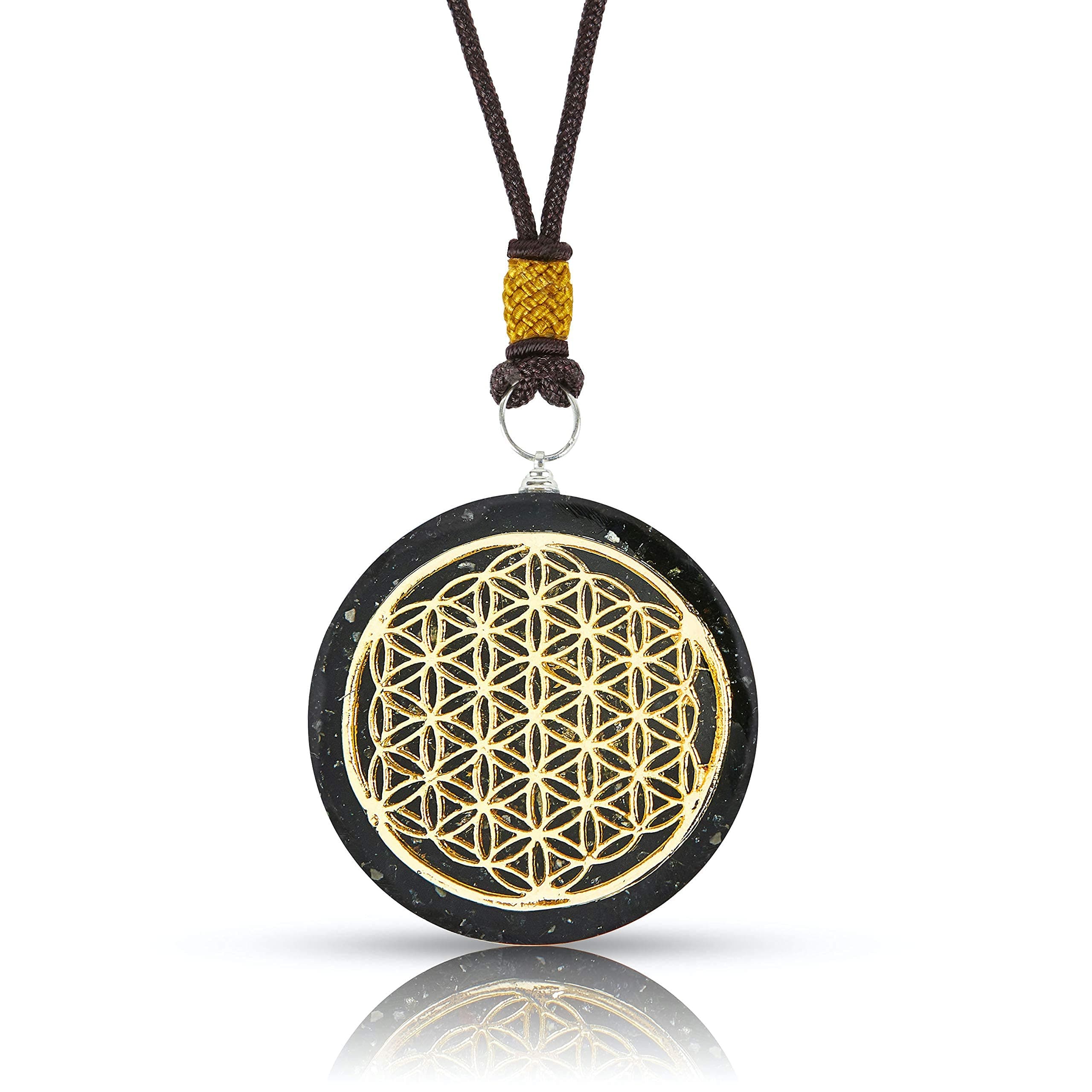 Black Tourmaline Necklace | Crystal Orgone Pendant | Flower of Life Design | Spiritual Reiki Pendant | Copper SBB Coil | 5 cm Diameter with Adjustable Neck Cord (Black Box)