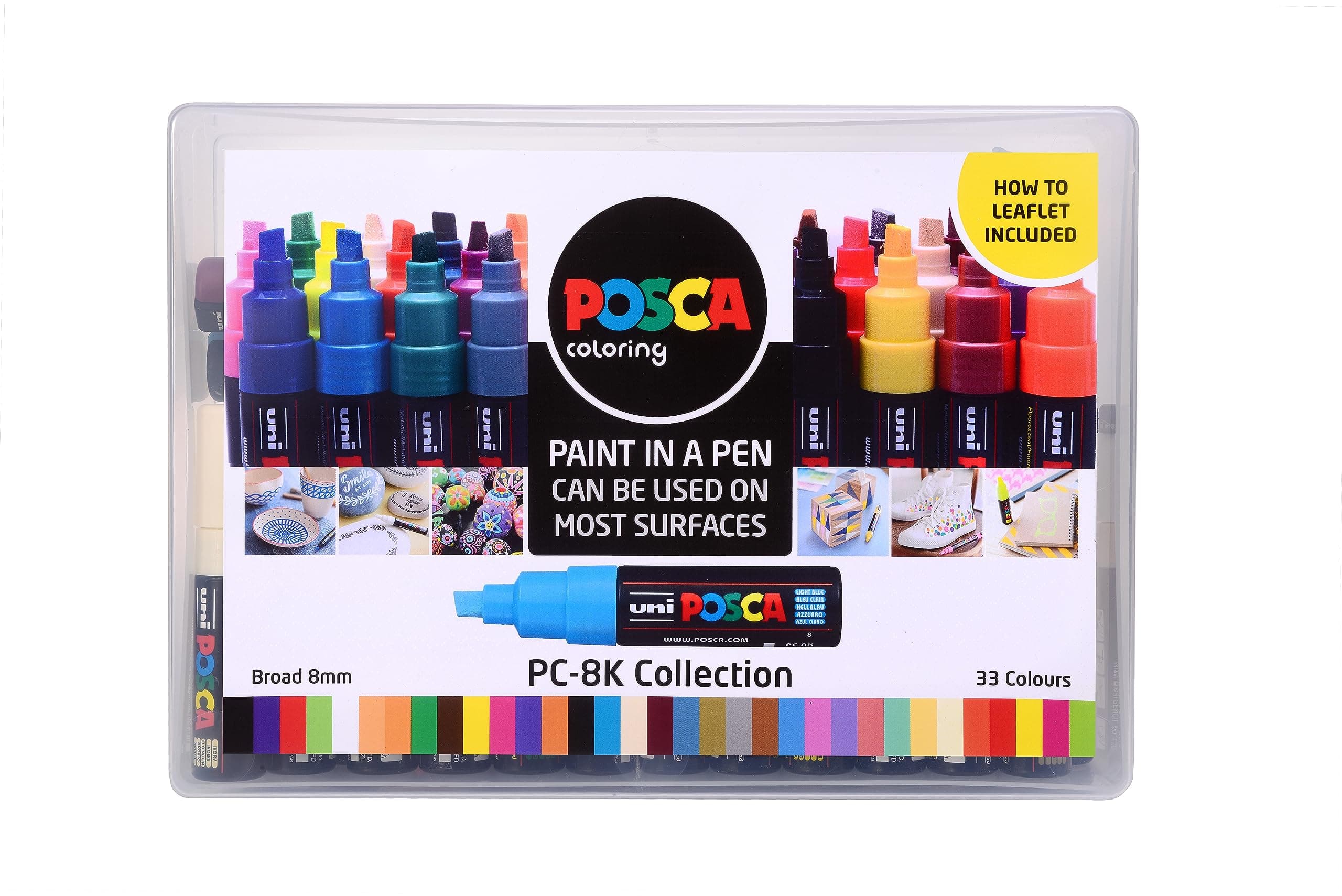 PC-8K Permanent Marker Paint Pens. Broad Chisel Tip for Art & Crafts. Multi Surface Use On Wood Metal Paper Canvas Cardboard Glass Fabric Ceramic Rock Pebble Stone Porcelain. Set of 33 Colours