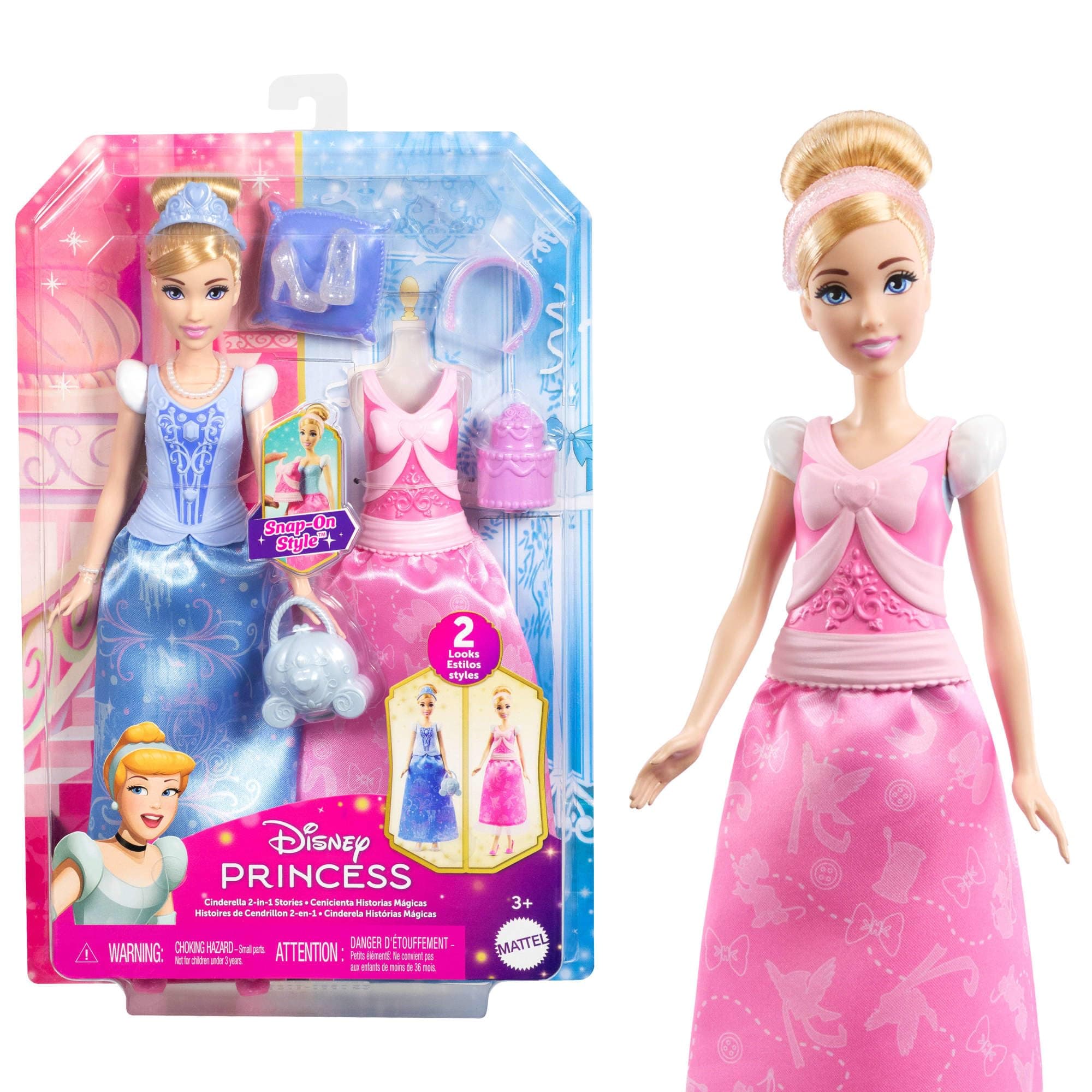 Mattel Disney Princess Toys, Cinderella Fashion Doll with 2 Looks, 9 Accessories, 2 Snap-On Bodices & 2 Skirts, 2-in-1 Stories Inspired by Disney Movie, JCR95