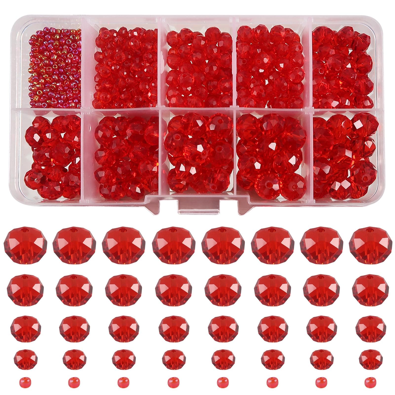 TOAOB 1000pcs Red Crystal Glass Beads 2mm 4mm 6mm 8mm10mm Faceted Spacer Beads for Jewelry Making DIY Craft Project Decorations Bracelet Making Kit