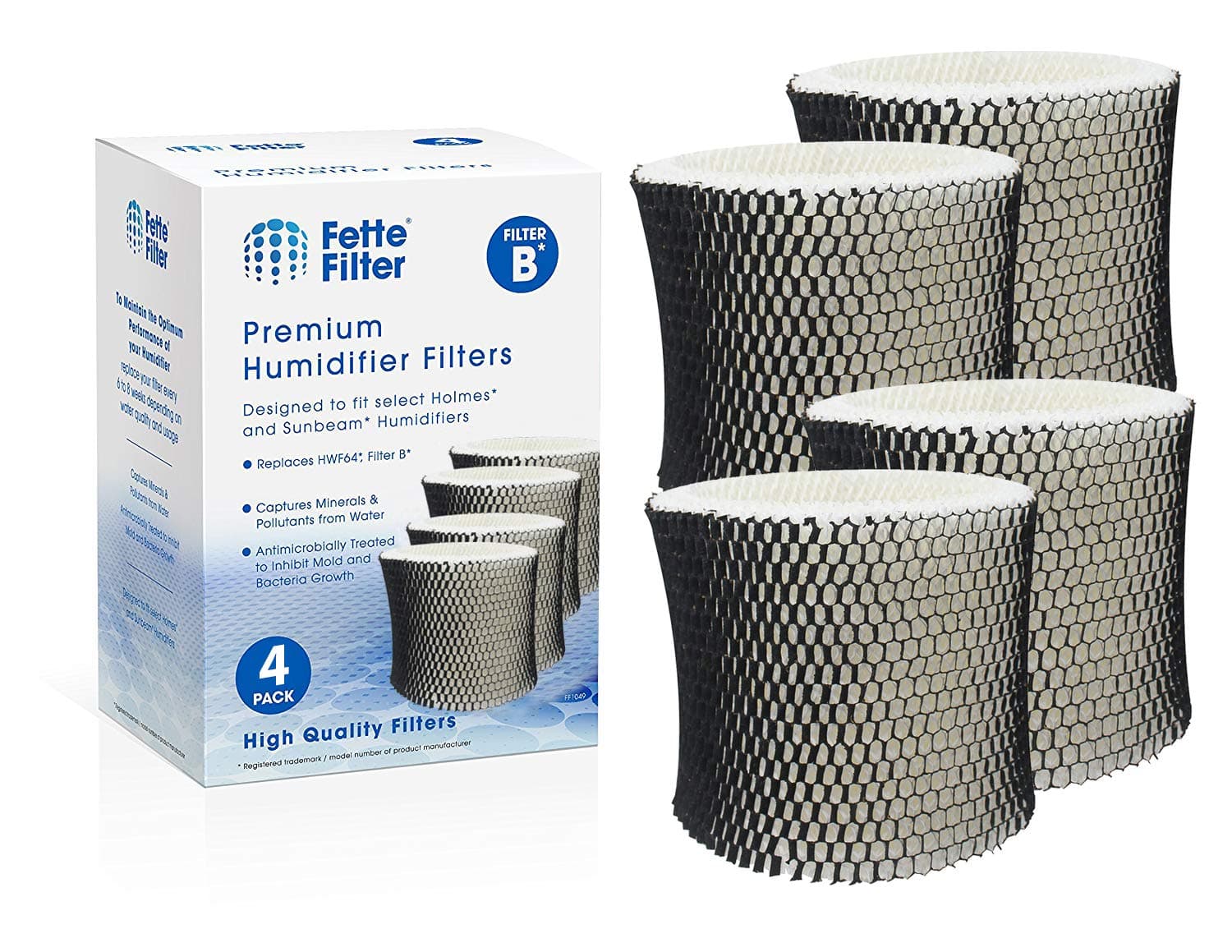 Fette FilterHWF-64 Humidifier Filter B Wick Replacement Compatible with Holmes HWF64 Filter B for Models HM-1645 HM-1730 HM-1745 HM-1750 HM-2200 & Bionaire BWF-64 Includes 4 Qty.