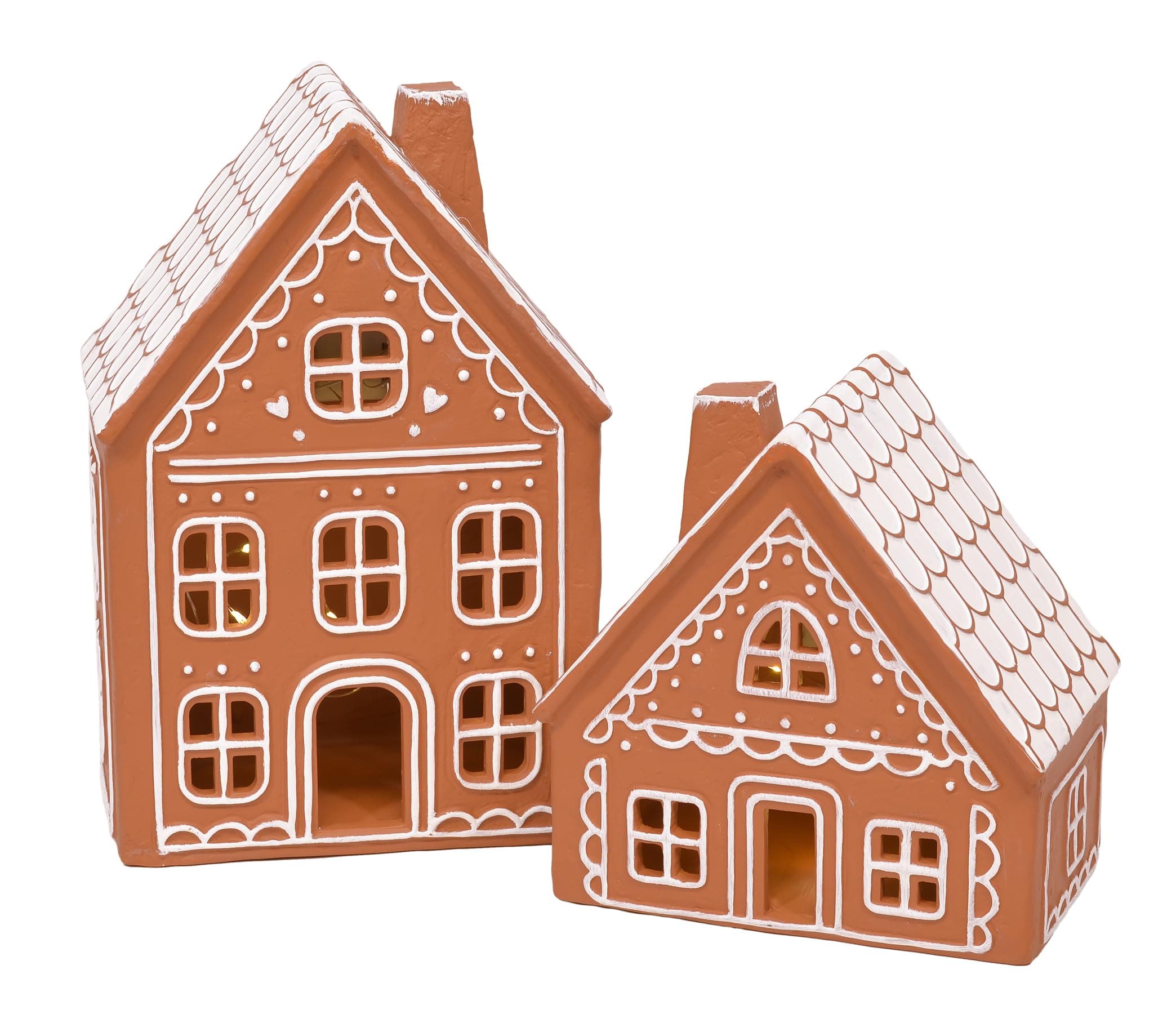 Mark Feldstein & Associates Ceramic Iced Gingerbread Houses Holiday Pre Lit LED Village Figurines, Set of 2, 9 Inch