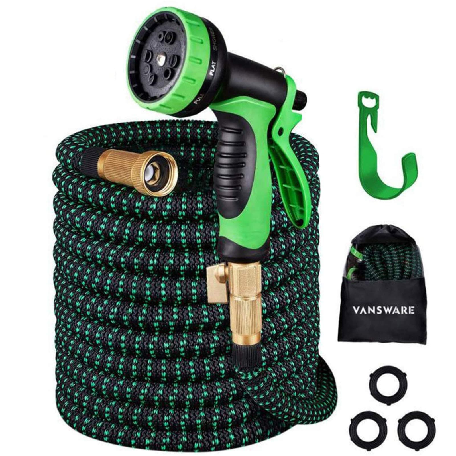Garden Hose Expandable, Vansware 100FT Flexible Water Hose 10 Function Spray Nozzle Solid Brass Fittings On/Off Valve Leakproof Lightweight Extra Strength Fabric Expanding Hose for Watering/Washing
