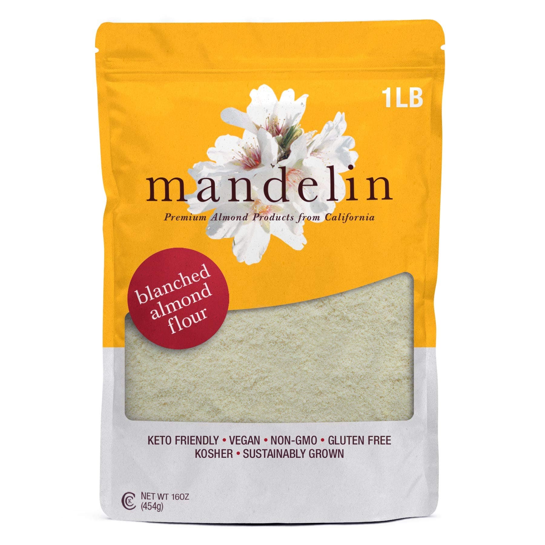 Mandelin Grower Direct Pure Blanched Almond Flour (1 lb), Super Fine, Non-GMO, Gluten Free, Vegan, Keto, Plant Based Diet Friendly, Kosher for Passover, Every Batch Tested for Quality