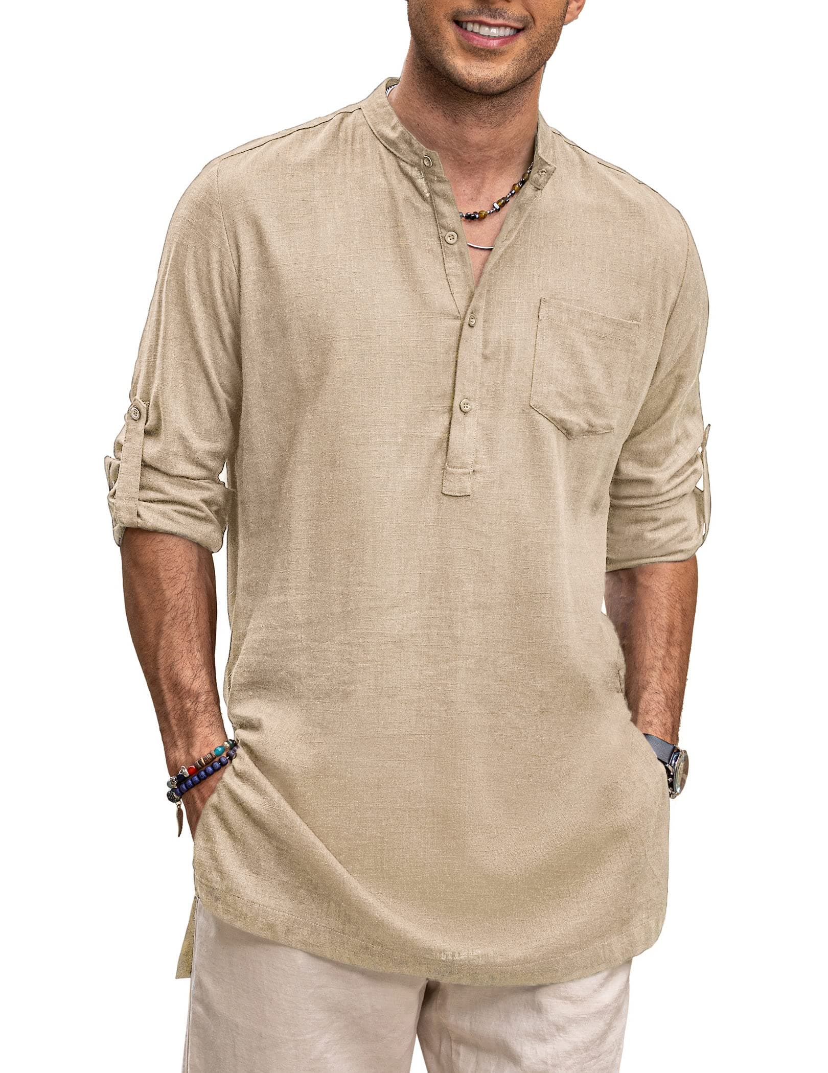 Men's Linen Henley Shirts Long Sleeve Collarless T-Shirts Longline Kurta Beach Shirts with Pocket