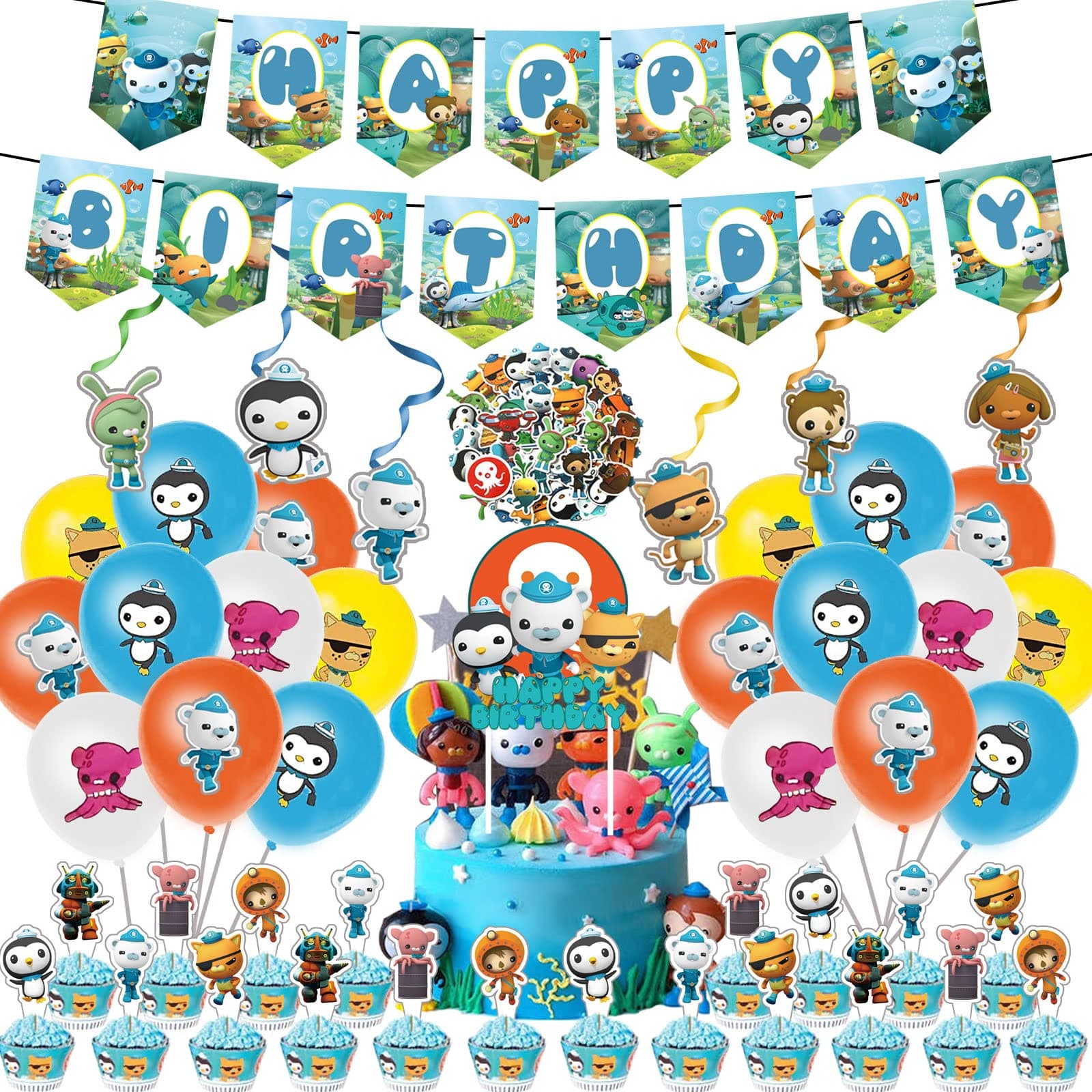 102 Pcs Octonauts Birthday Party Supplies, Party Decoration Include Birthday Banner, Cake Toppers, Balloons, Hanging Swirls, Invitation Card and Stickers