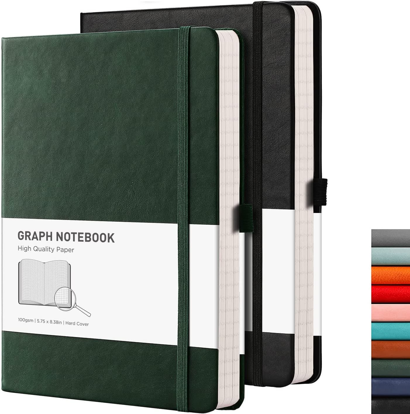 Graph Paper Notebook A5 2 Pack - 384 Pages Squared Notebook with 100gsm Graph Paper, Pen Holder, Inner Pocket, for Office School Work Women Men Work 14.5 x 21cm - Black Green