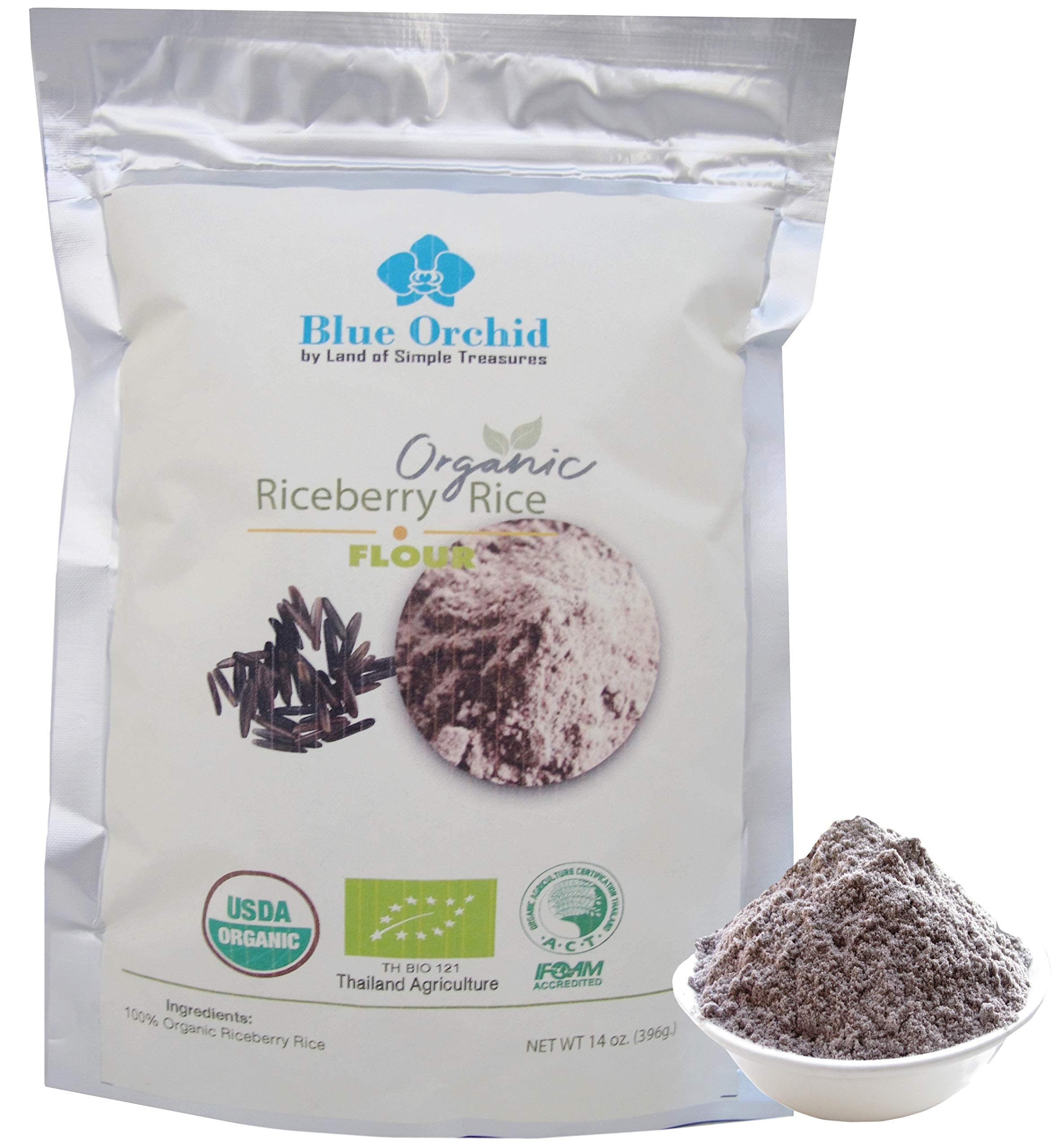 Certified Organic Riceberry Black Jasmine Rice Flour - Super Fine Thai Rice Flour for Baking - Healthy Aromatic Wheat-free, Gluten-free 14 oz