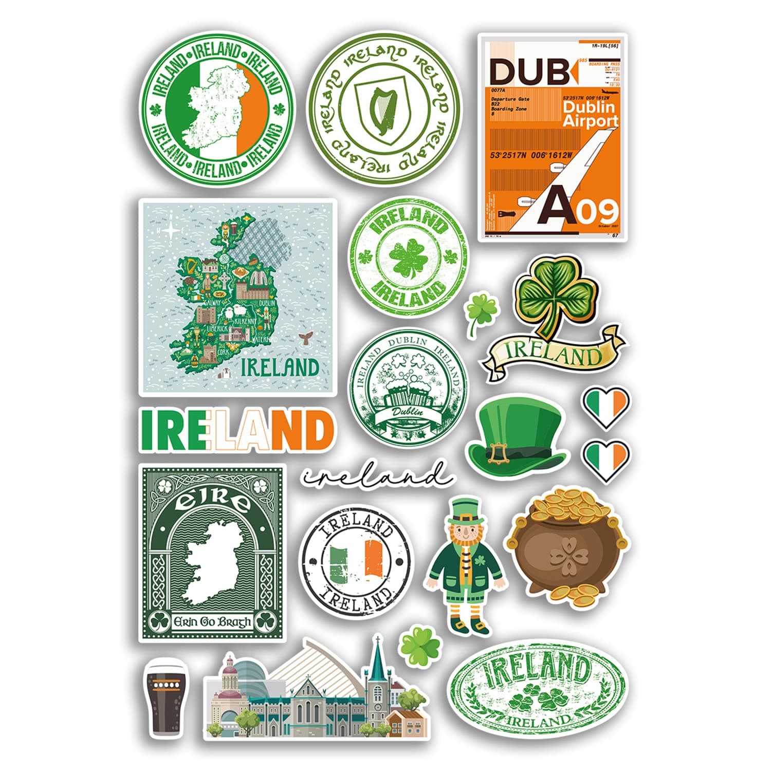 DV DESIGN A4 Sticker Sheet Ireland Vinyl Stickers - Irish Dublin Landmarks City Beach Flag Map Holiday Suitcase Luggage Scrapbook Culture Travel #78886