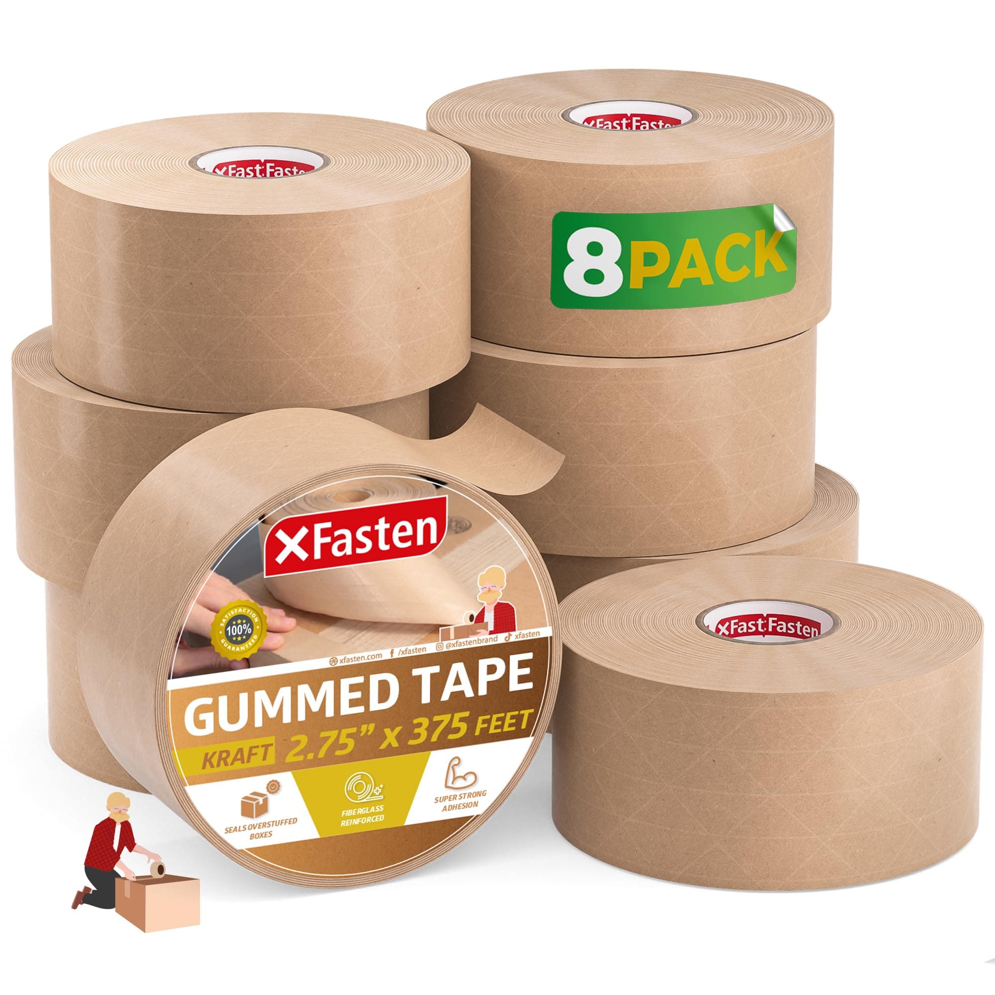 XFasten Water Activated Tape Brown with Reinforced Fiberglass Backing 2.75-Inch x 375-Feet (8-Pack, 3000ft Total) Water Activated Gummed Paper Tape Brown Kraft Paper Packaging Roll for Moving Boxes