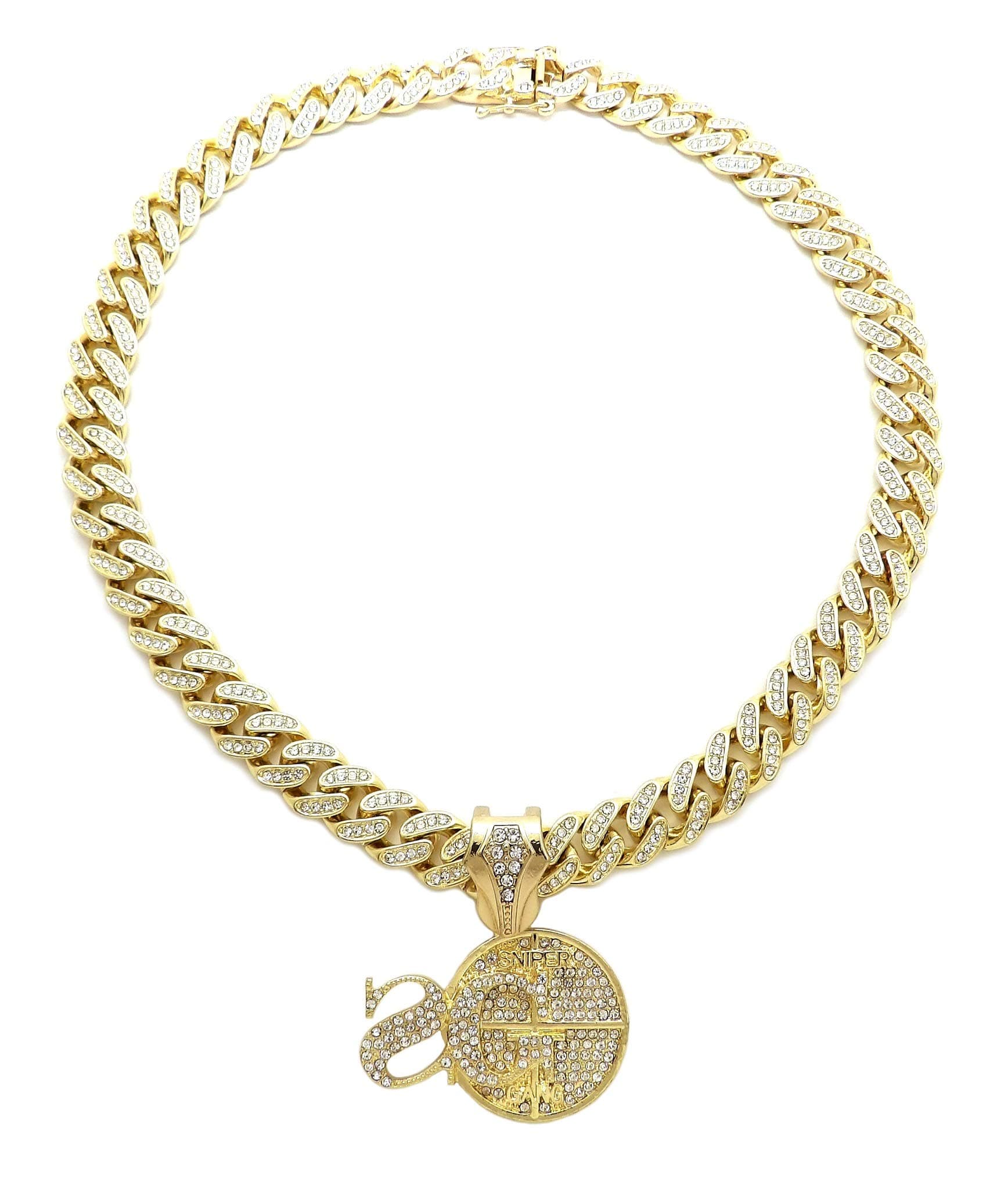 Hip Hop 'SG' Sniper Gang Pendant & 12mm 18" Full Iced Out Box Lock Cuban Chain Necklace