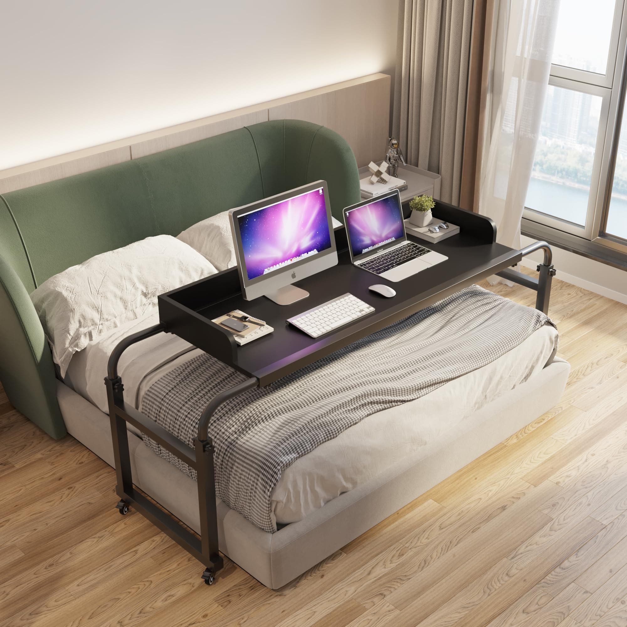 King Queen Bed Table with Wheels - Over Bed Desk & Laptop Table (Black)