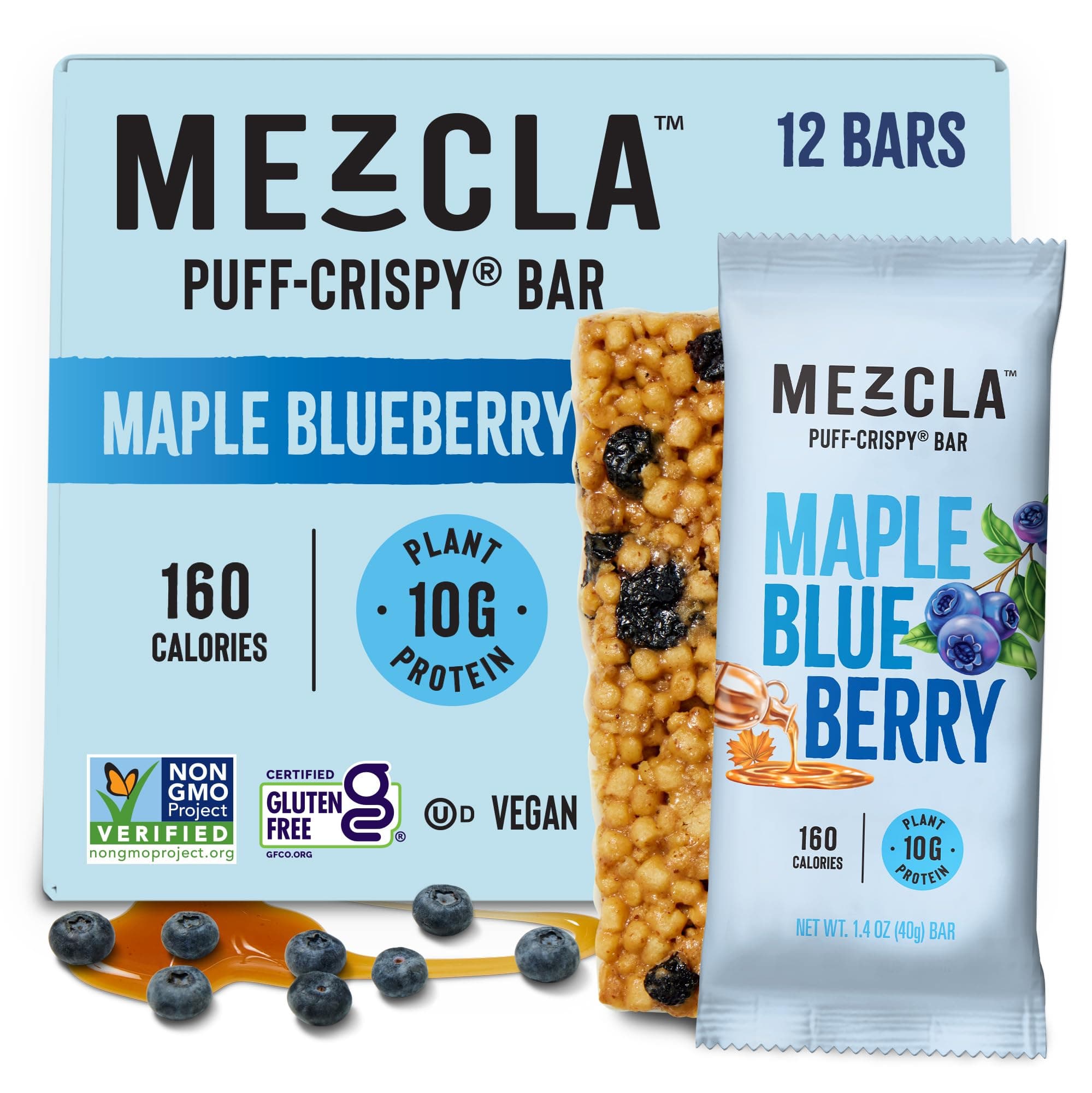 Mezcla Puff-Crispy Plant Based Protein Bars - Maple Blueberry - Healthy Snacks for Adults & Kids - Granola Bars for School, Travel, Office Snacks - Gluten Free, Vegan, Non GMO, 10g Protein - 12 Count